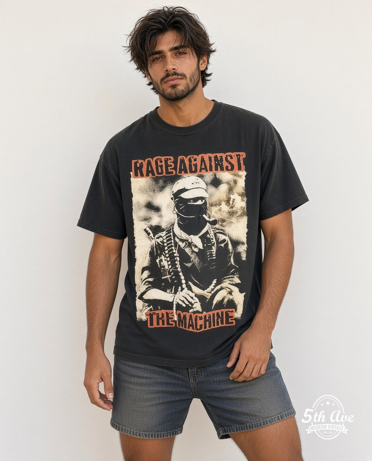 Model wearing the Rage Against the Machine Public Service Announcement Tour vintage band t-shirt in black