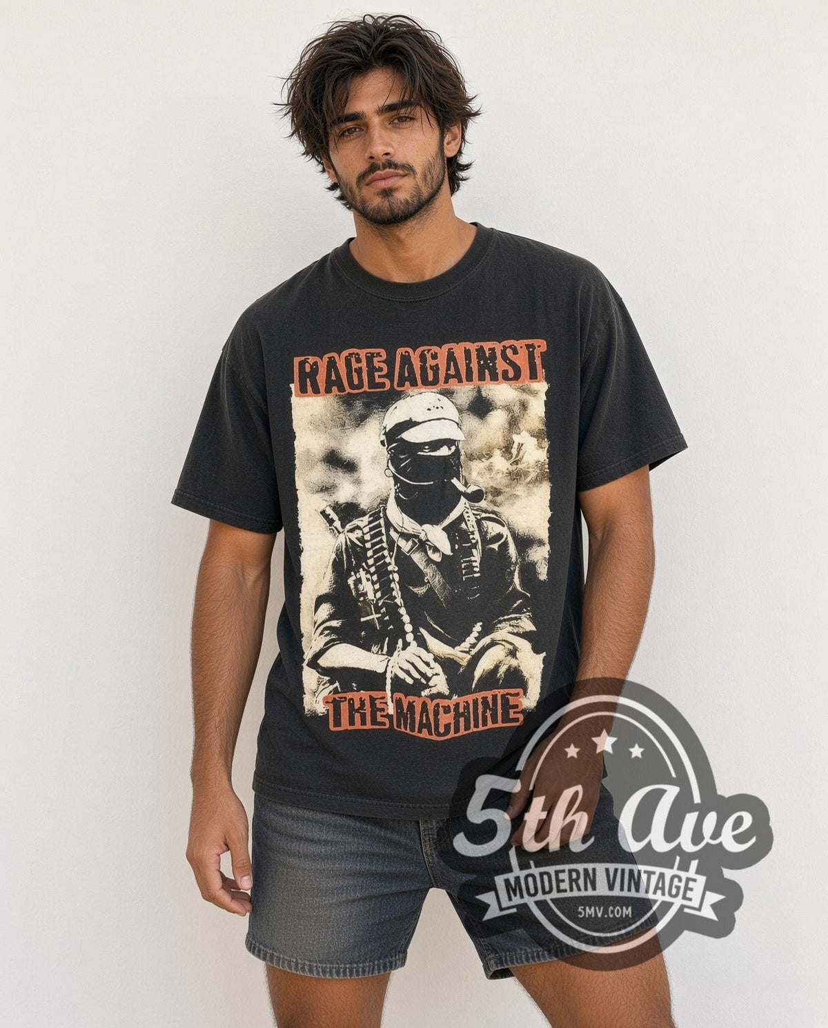 Model wearing the Rage Against the Machine Public Service Announcement Tour vintage band t-shirt in black