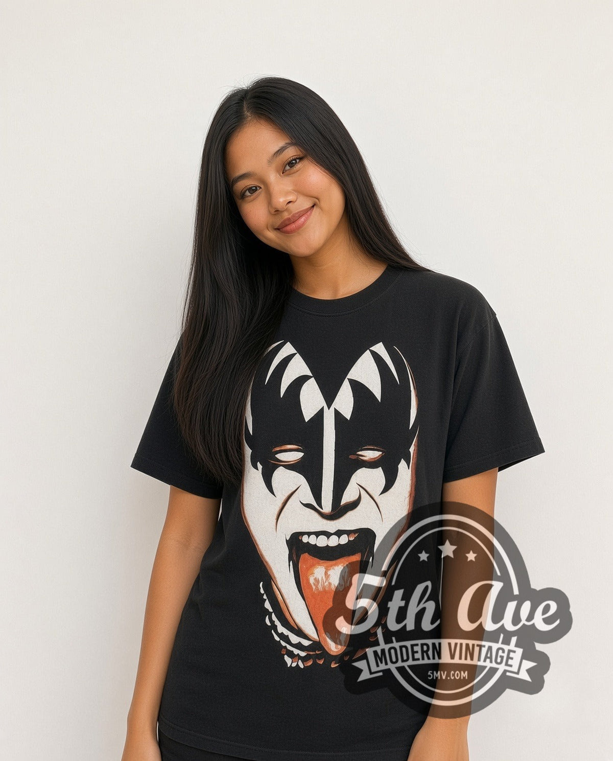 Model wearing the KISS Gene Simmons \m/KIϟϟ\m/ vintage band t-shirt in black