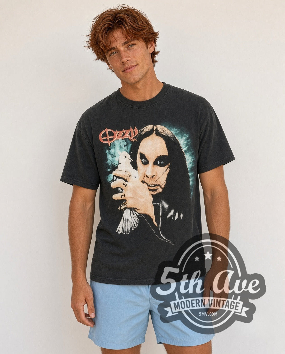 Model wearing the Ozzy Osbourne Dove Holding Portrait Moon vintage band t-shirt in black