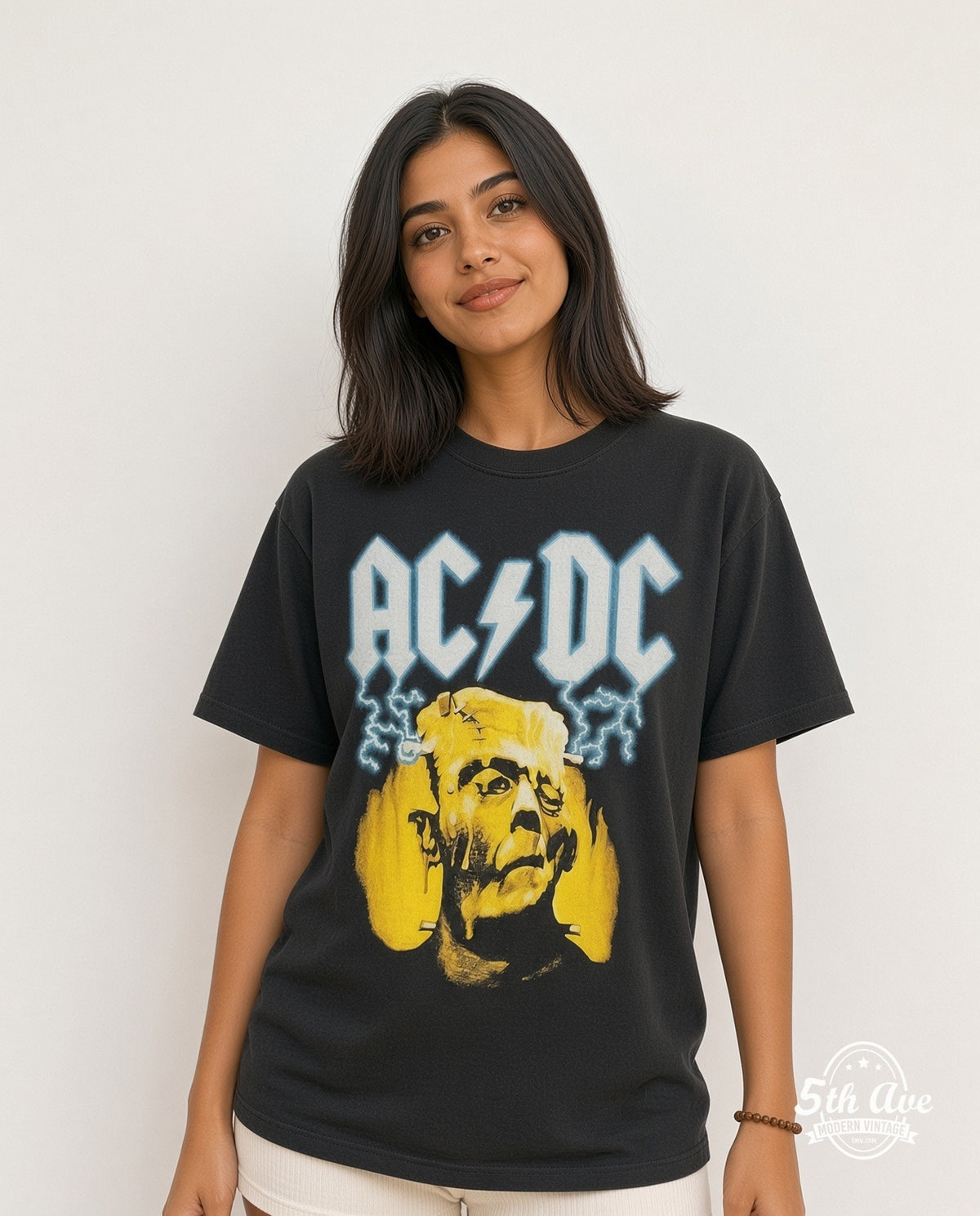 Model wearing the AC/DC Meltdown vintage band t-shirt in black