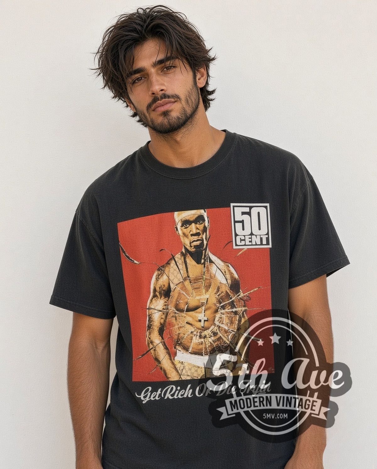 Model wearing the 50 Cent Get Rich or Die Tryin' The Final Lap Tour 2003 vintage rap tee in black