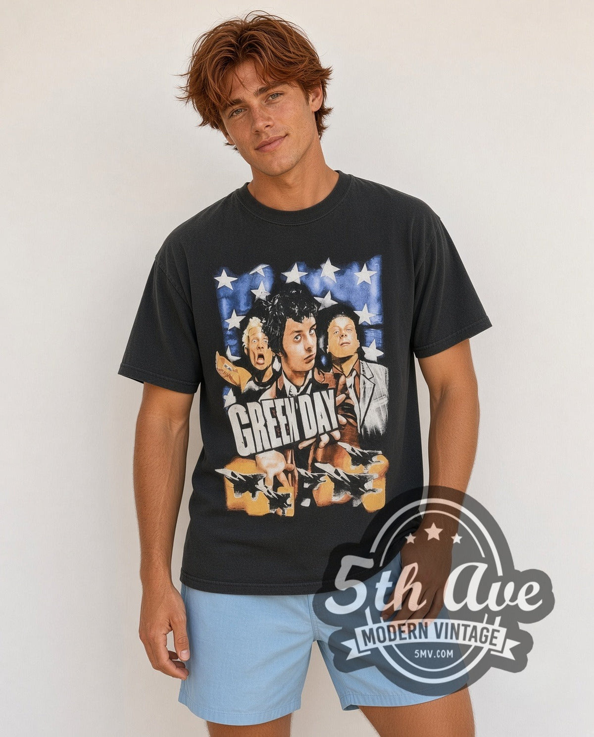 Model wearing the Green Day Warning vintage band t-shirt in black