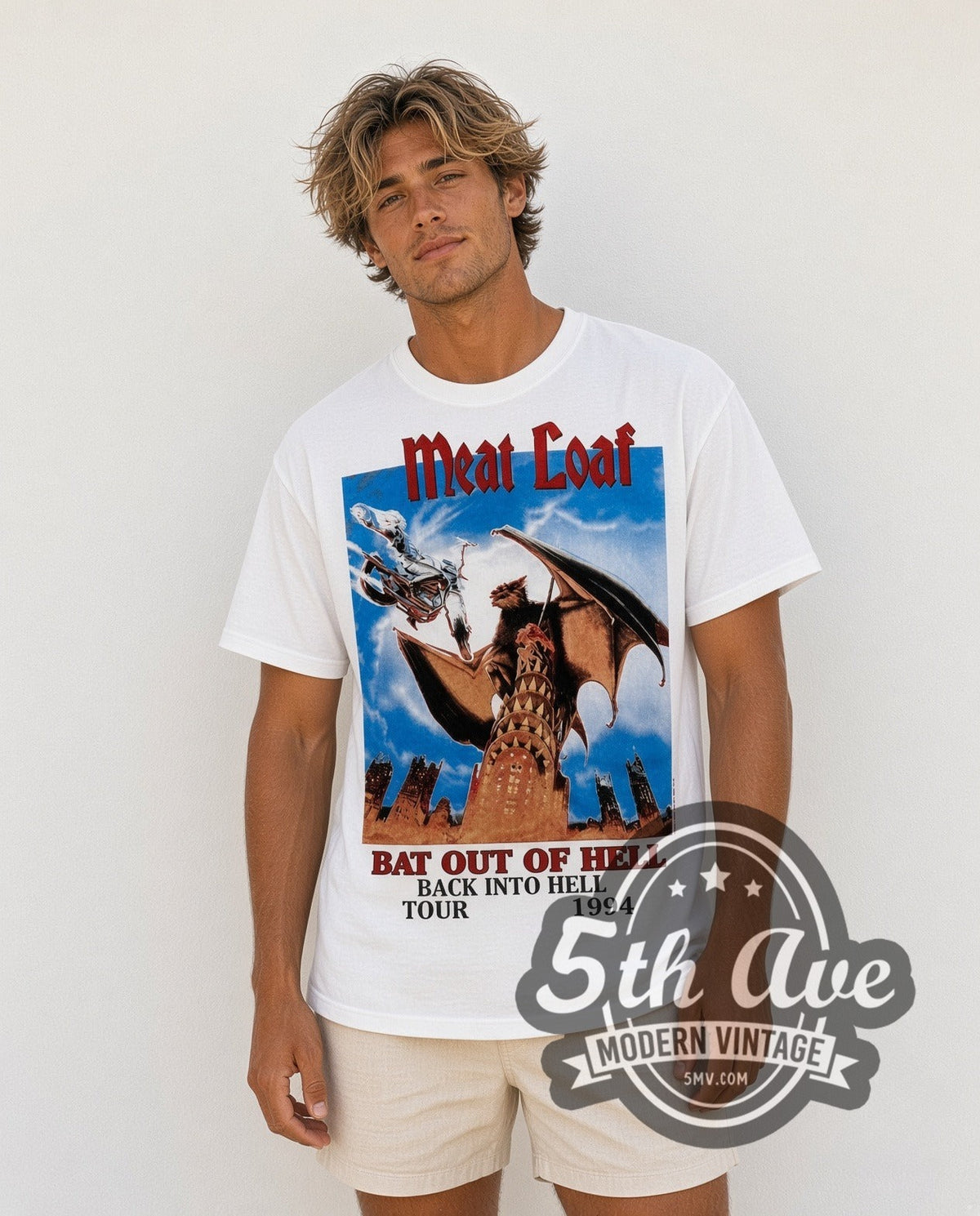 Model wearing the Meat Loaf Bat Out of Hell 1994 vintage band t-shirt in white