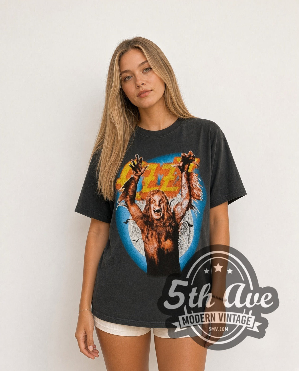 Model wearing the Ozzy Osbourne RULES 1984 Bark at the Moon vintage band t-shirt in black