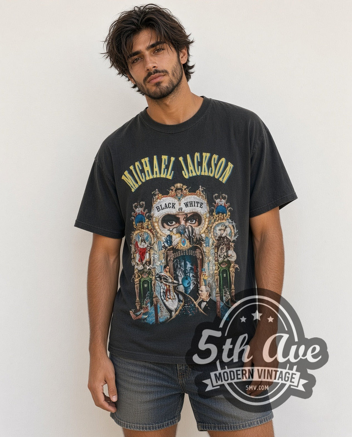 Model wearing the Michael Jackson Black or White Dangerous World Tour 1993 vintage band t-shirt in black