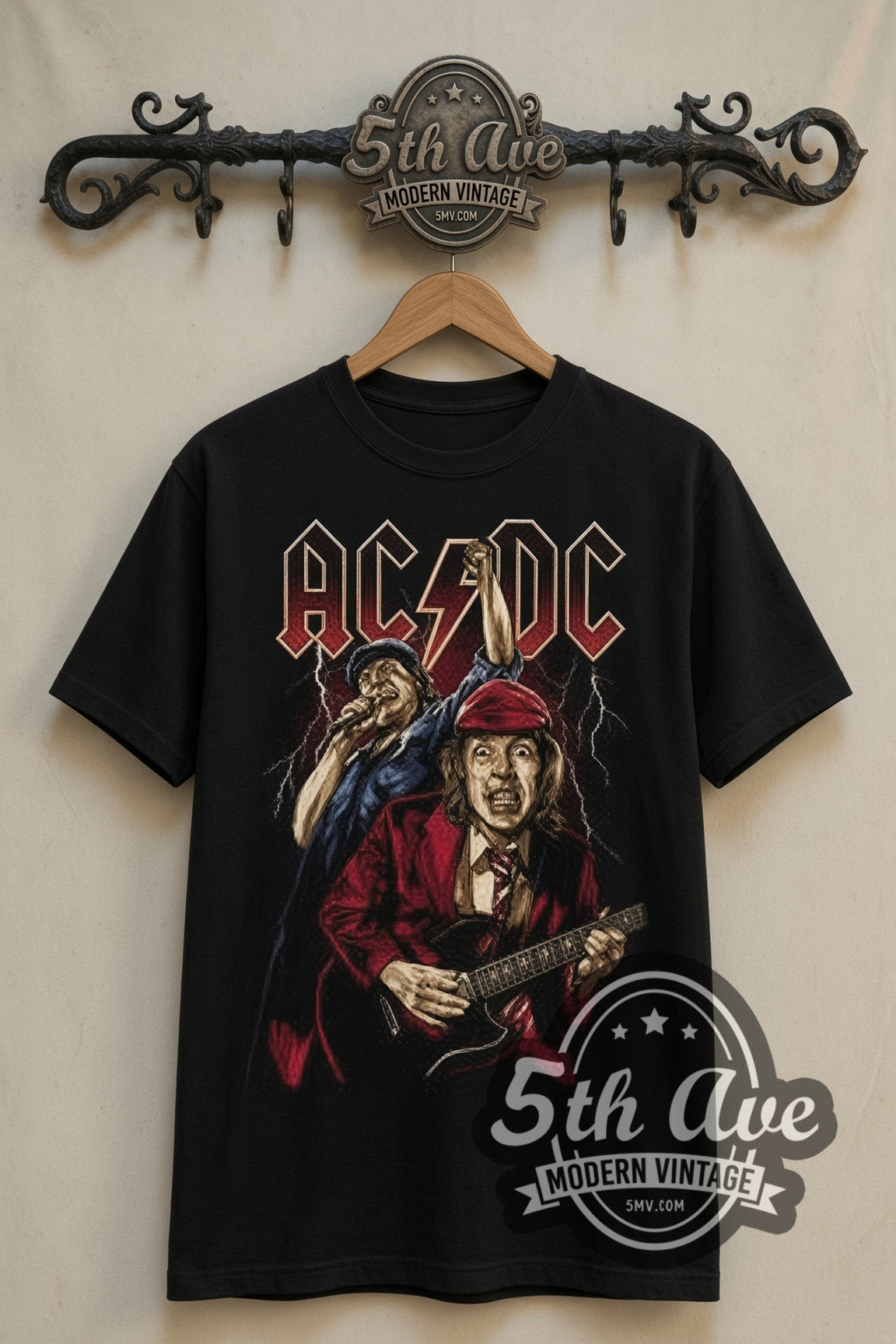 AC/DC Angus Young and Brian Johnson Live double stitched black tee front on dark iron 5th Ave rack
