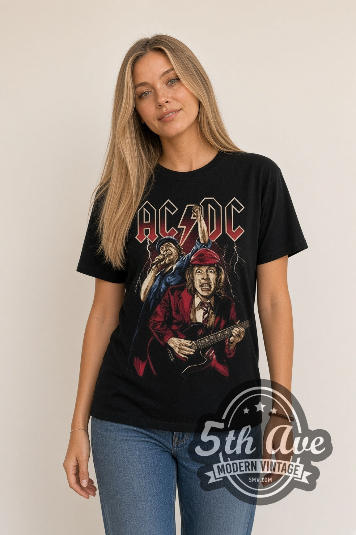 Woman wearing AC/DC Angus Young and Brian Johnson Live double stitched black graphic tee