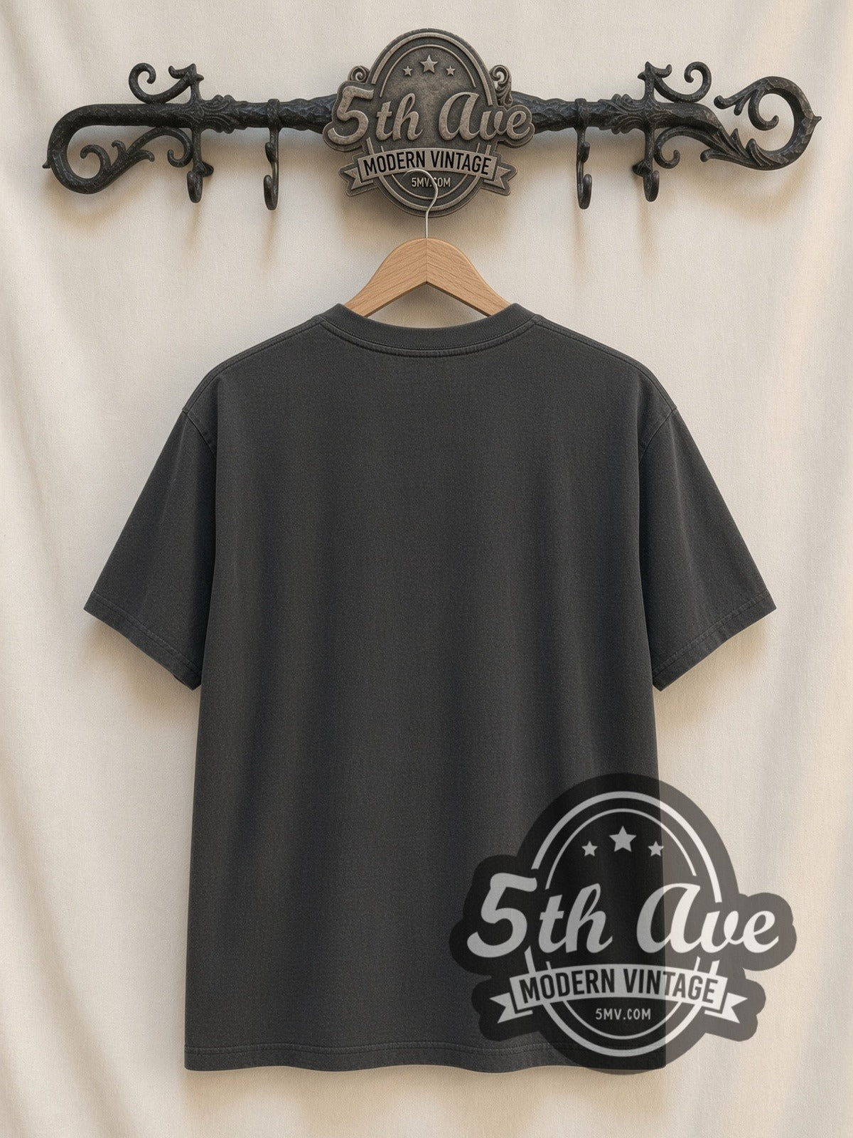AC/DC Angus Young Shirtless Guitar Portrait vintage band t-shirt, back view on the 5MV rack
