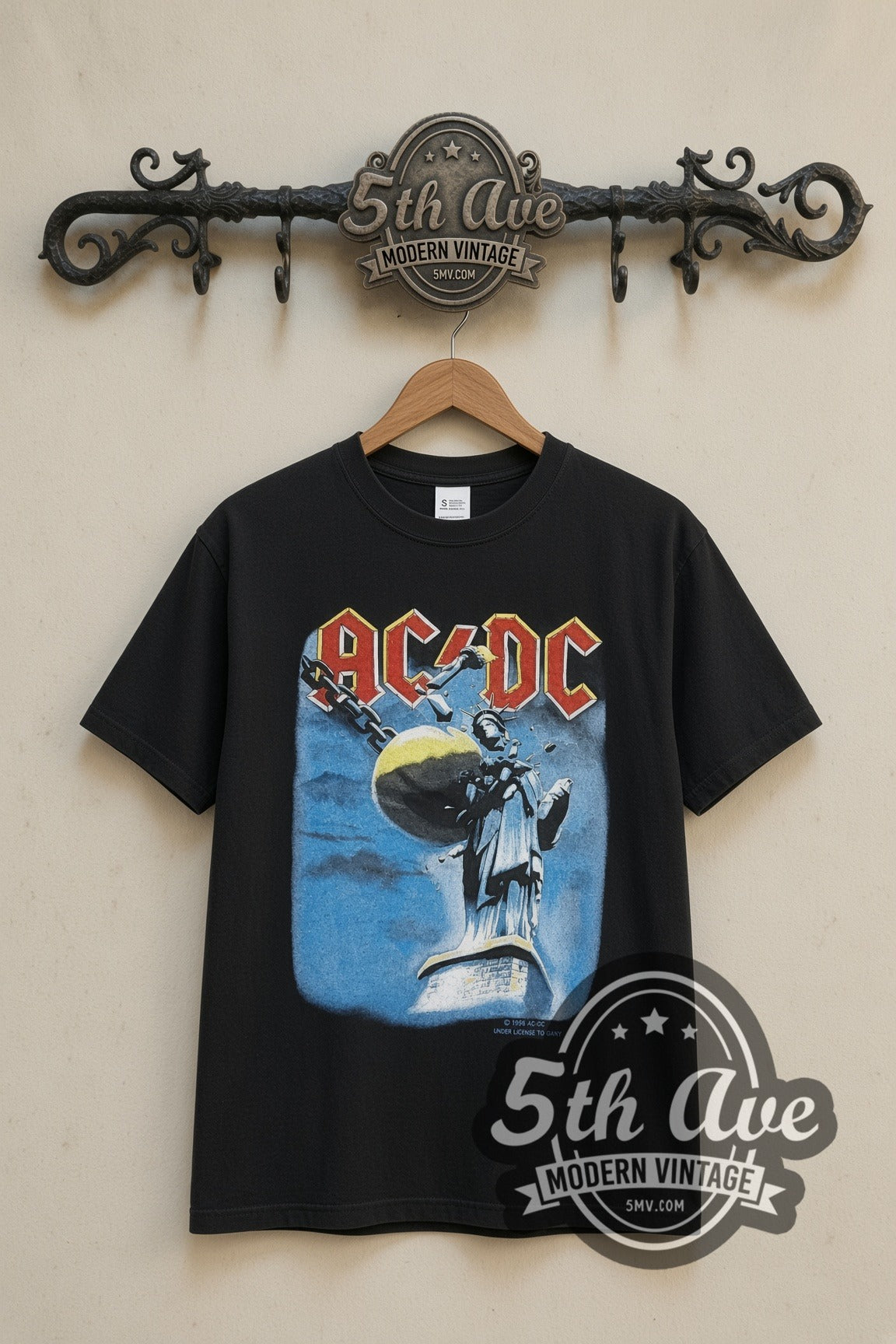 AC/DC Ballbreaker Liberty World Tour 1996 band t-shirt in black, front view on a display rack