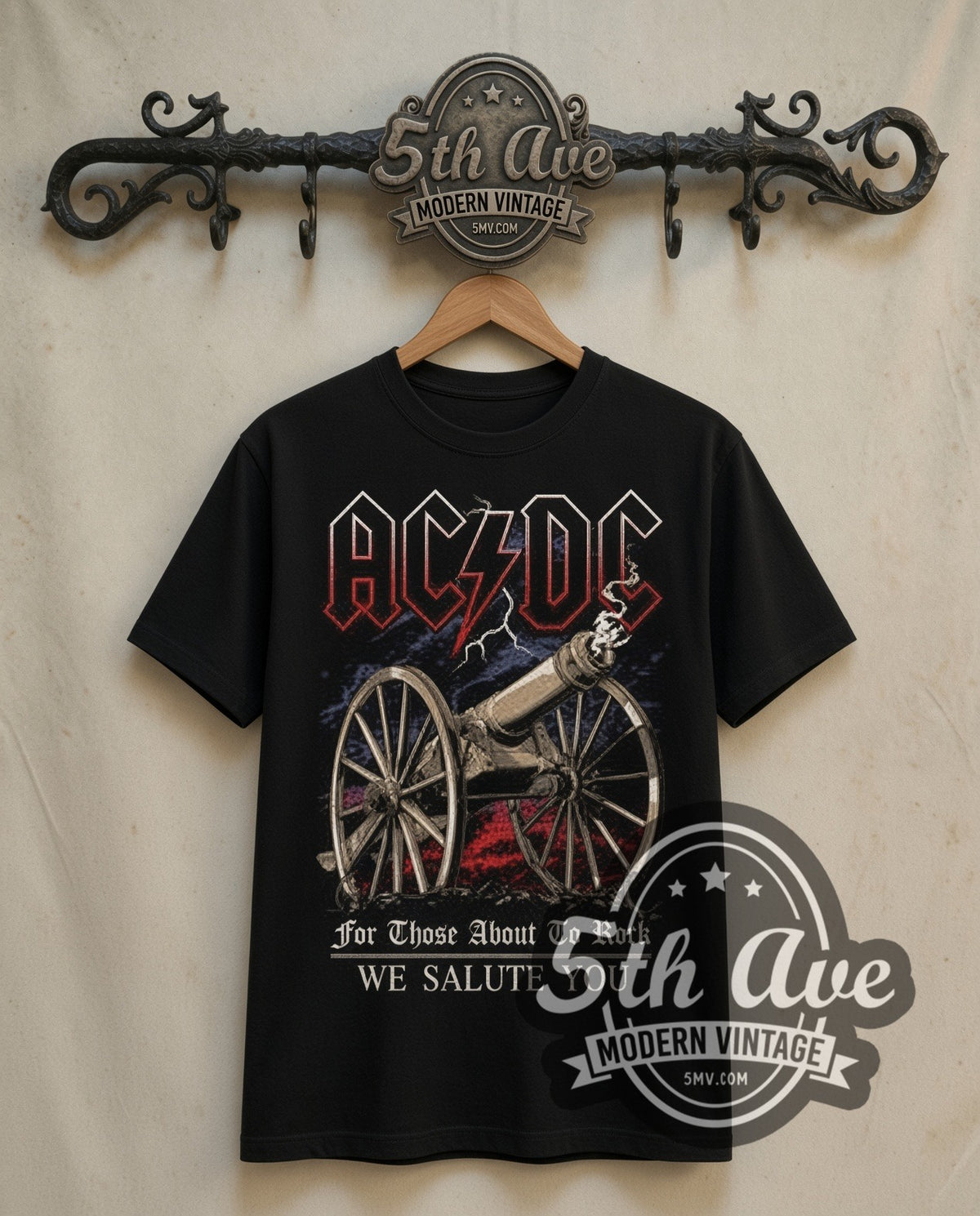 AC/DC For Those About to Rock Cannon double stitched black tee front on dark iron 5th Ave rack