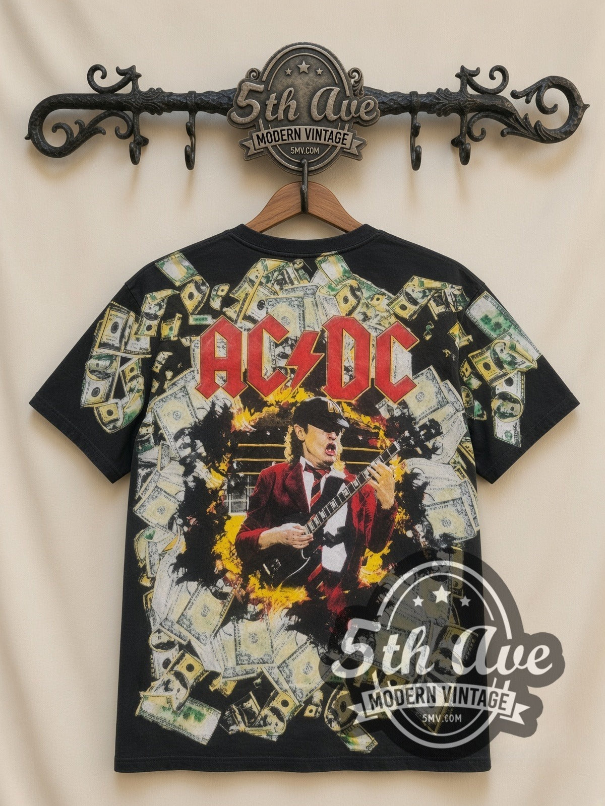 AC/DC Angus Concert Stage all-over-print vintage band t-shirt in black, back view on the 5MV rack