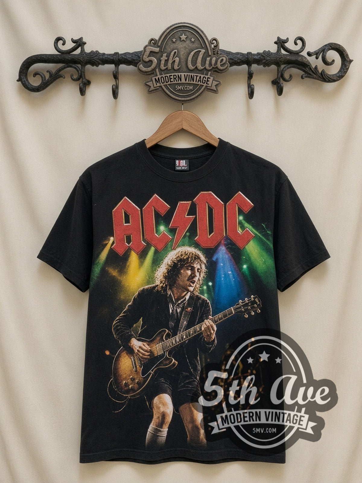 AC/DC Angus Concert Stage all-over-print vintage band t-shirt in black, front view on the 5MV rack