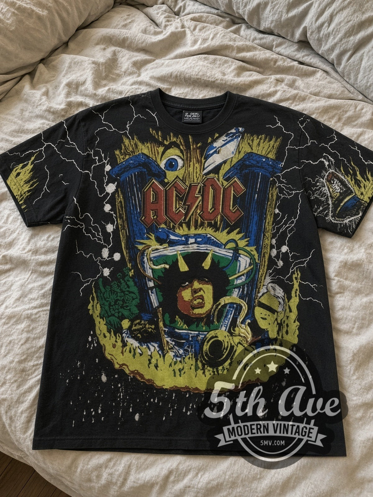 AC/DC Angus V Graphic Black all-over-print vintage band tee laid flat