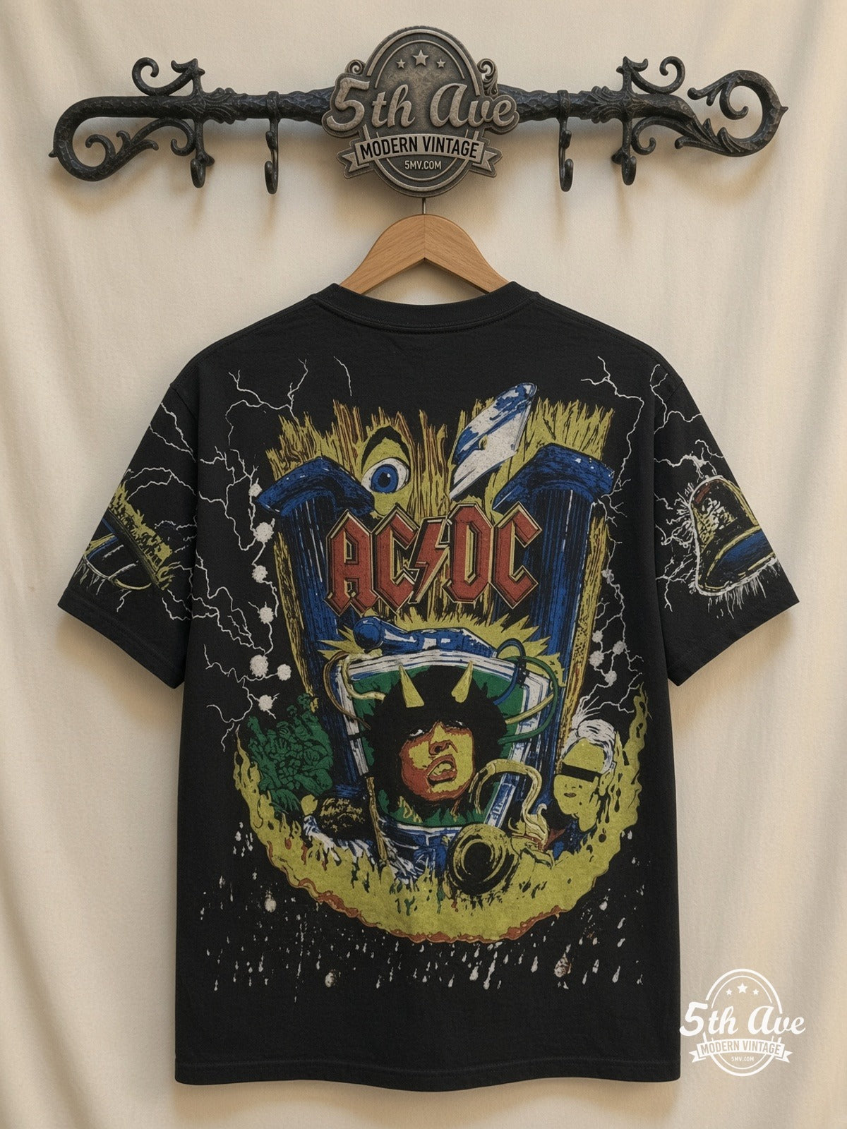 AC/DC Angus V Graphic Black all over print vintage tee back on cream 5th Ave rack