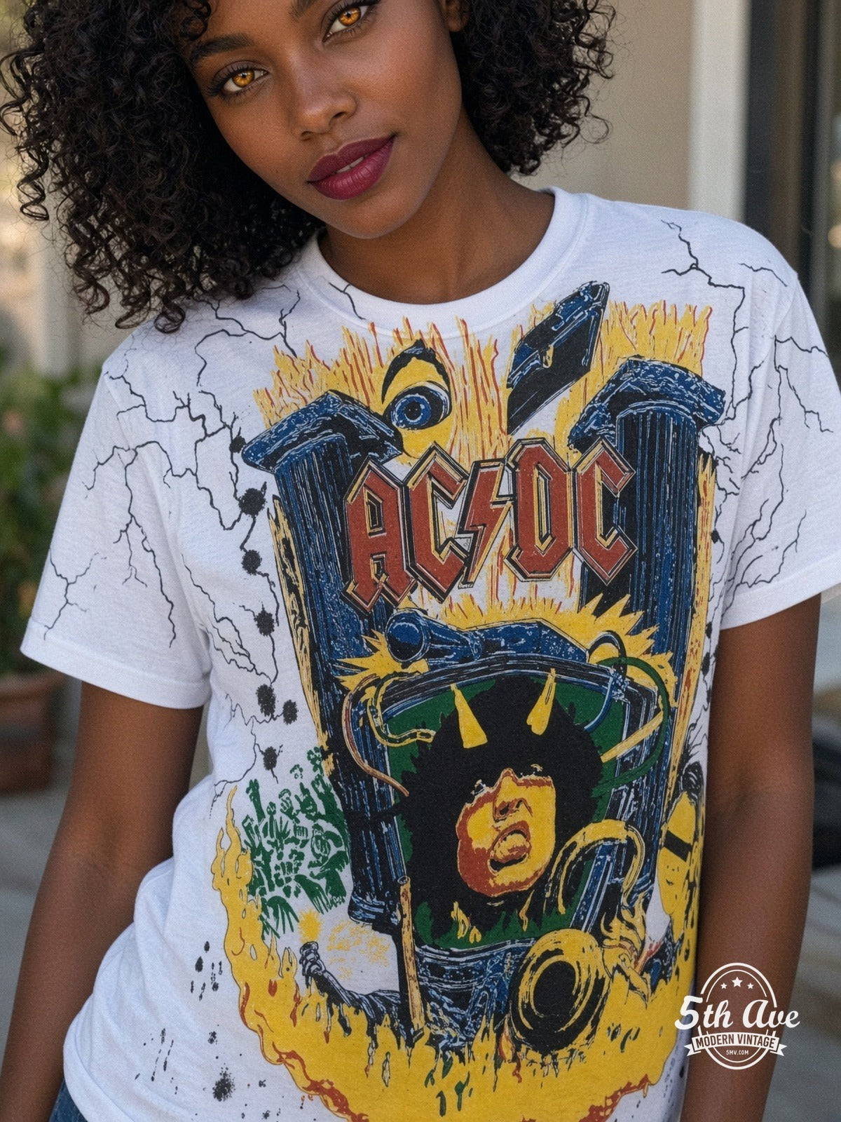 AC/DC Angus V Graphic all over print vintage tee model wearing