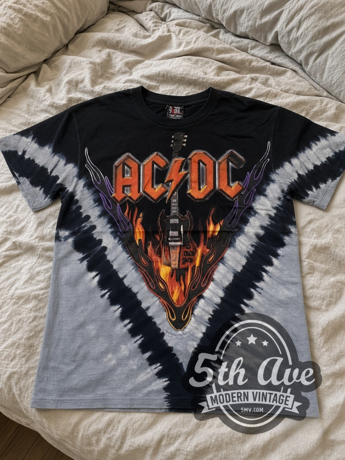 AC/DC Flaming Winged Guitar Tie-Dye V Grey all-over-print vintage band tee laid flat