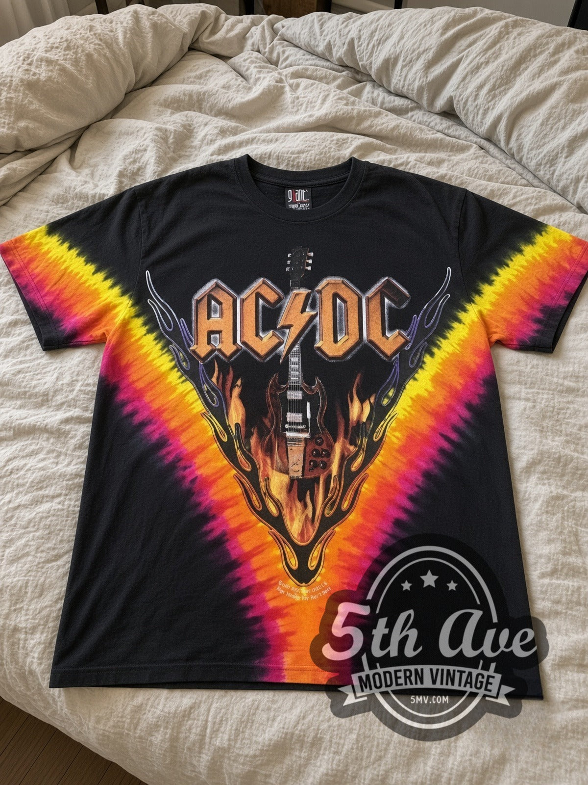 AC/DC Flaming Winged Guitar Tie-Dye V all-over-print vintage band tee laid flat