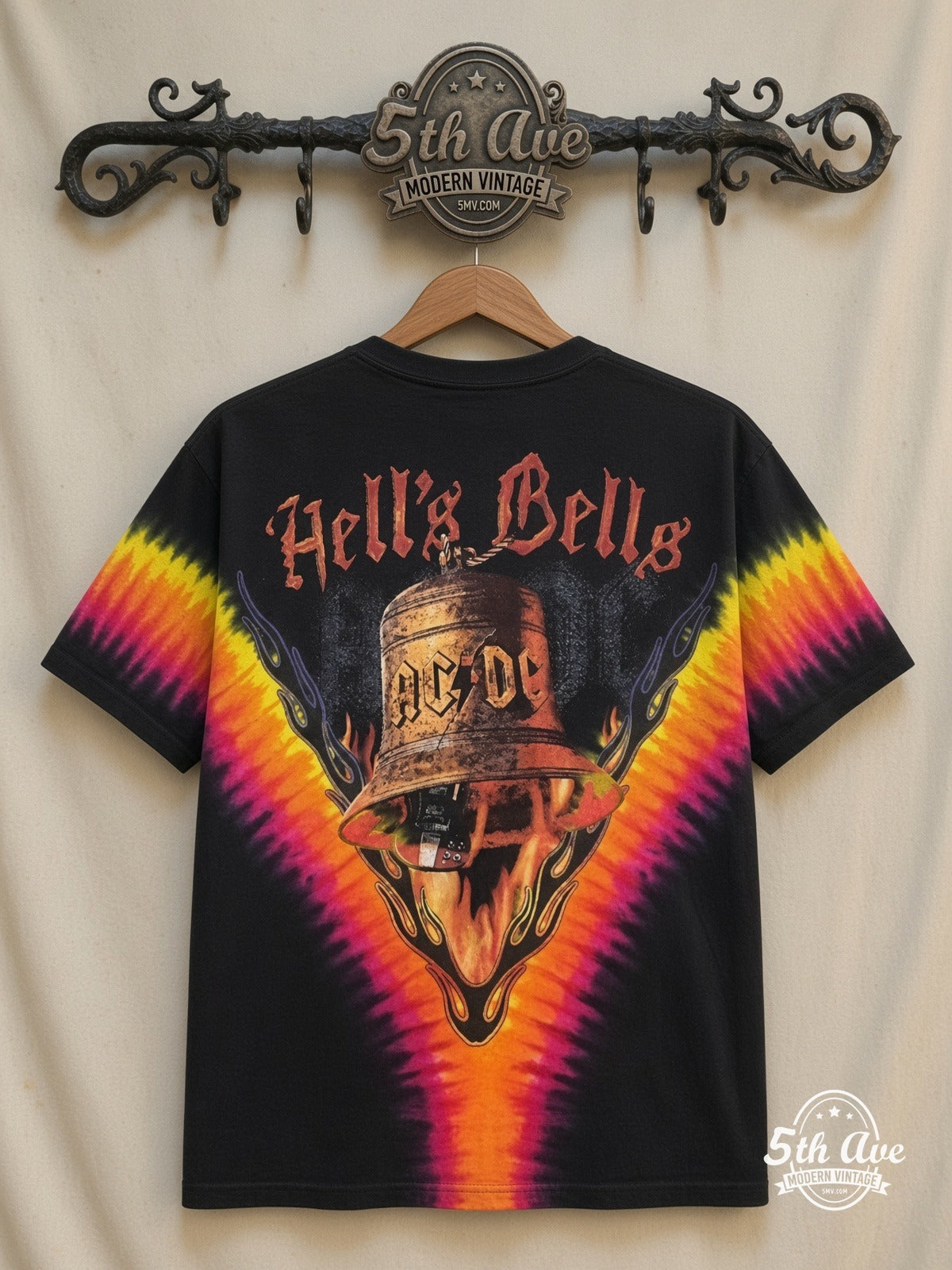 AC/DC Hells Bells Tie-Dye V all over print vintage tee back on cream 5th Ave rack