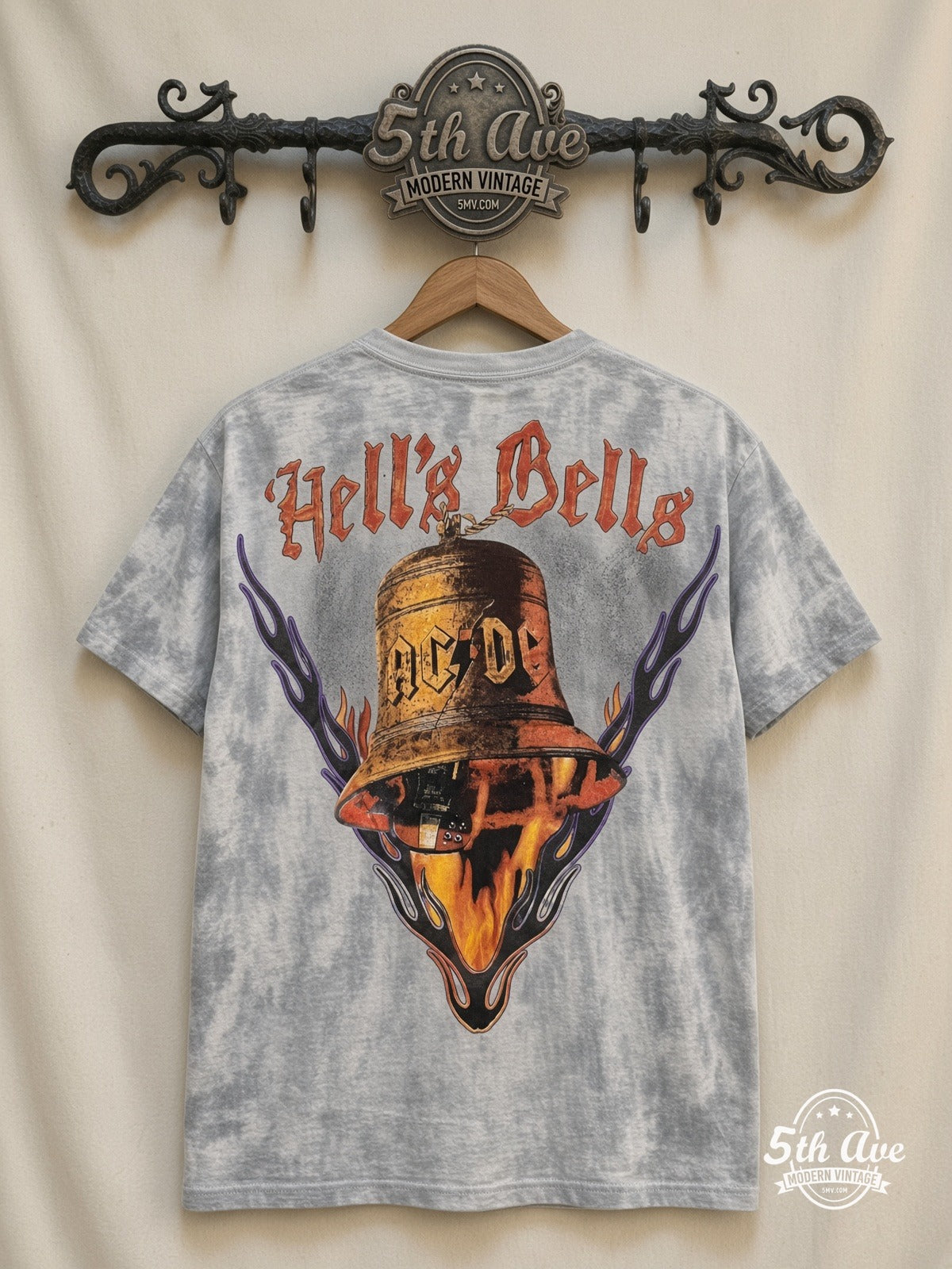 AC/DC Hells Bells Tie-Dye V Grey all over print vintage tee back on cream 5th Ave rack