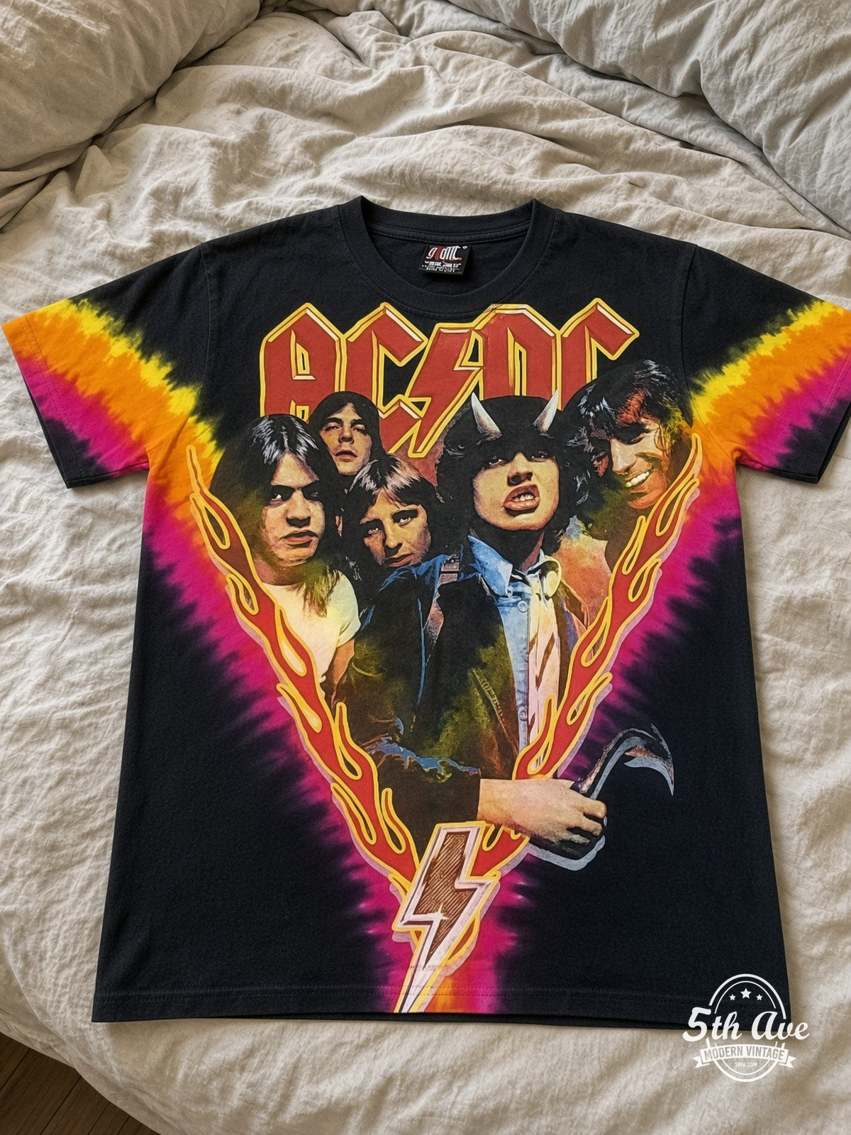 AC/DC Highway to Hell Tie-Dye V all over print vintage tee laid on bed