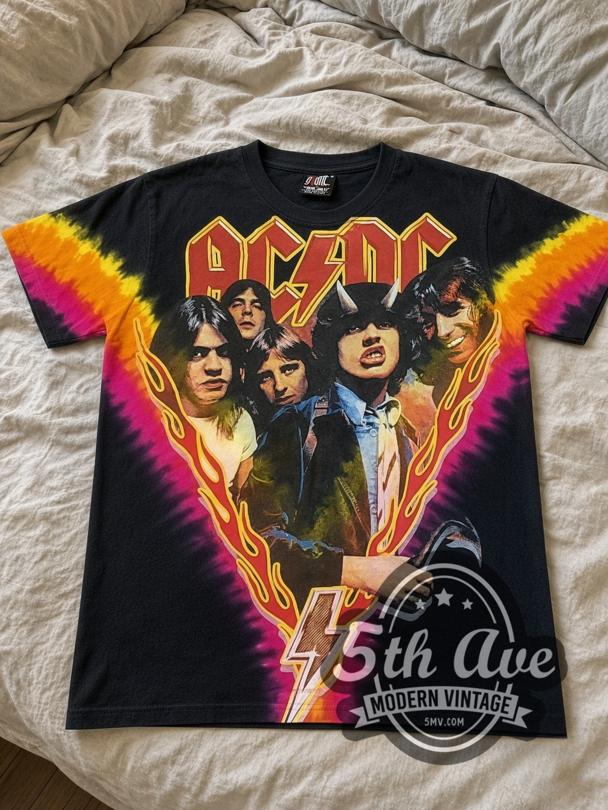 AC/DC Highway to Hell Tie-Dye V all-over-print vintage band tee laid flat