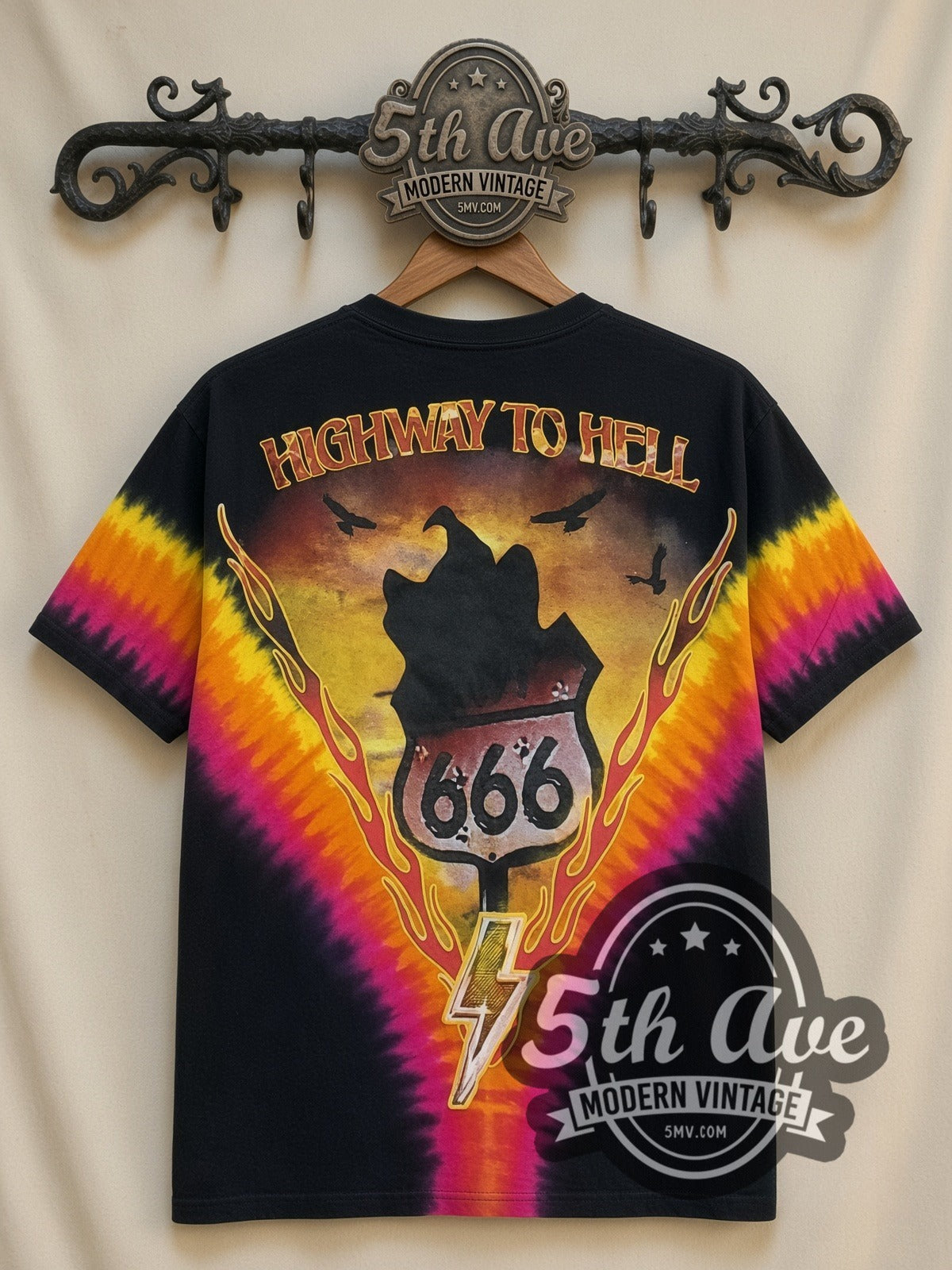 AC/DC Highway to Hell Tie-Dye V all-over-print vintage band t-shirt in black, back view on a display rack
