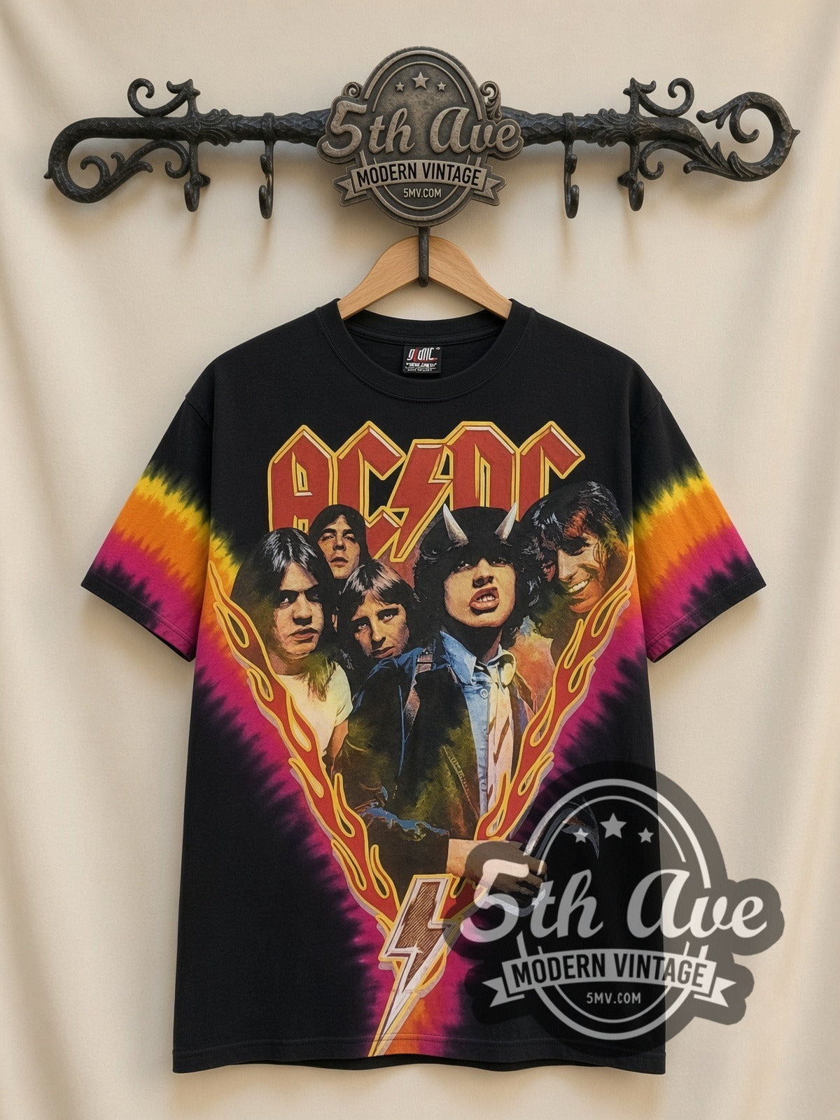 AC/DC Highway to Hell Tie-Dye V all-over-print vintage band t-shirt in black, front view on a display rack