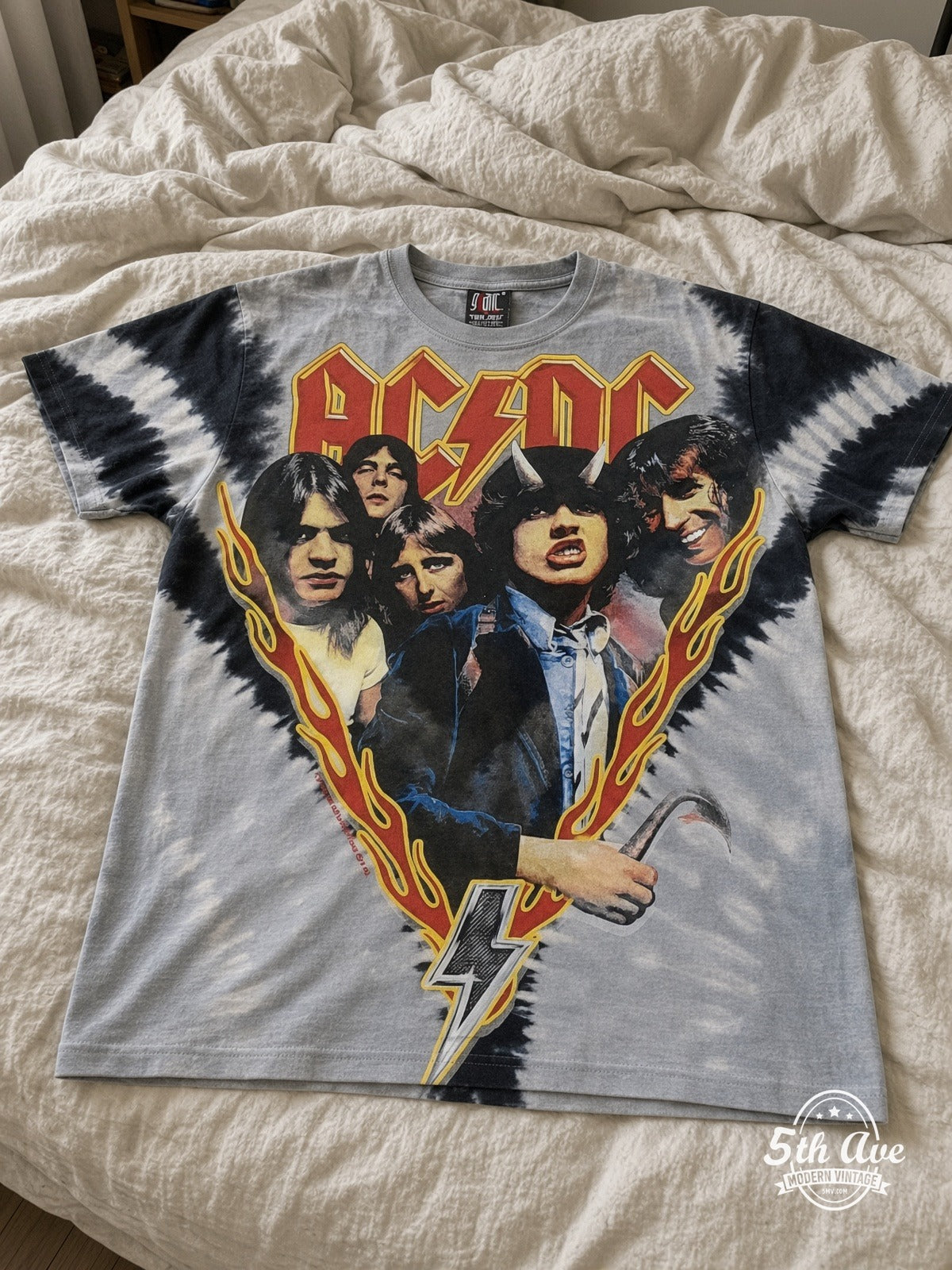 AC/DC Highway to Hell Tie-Dye V Grey all over print vintage tee laid on bed