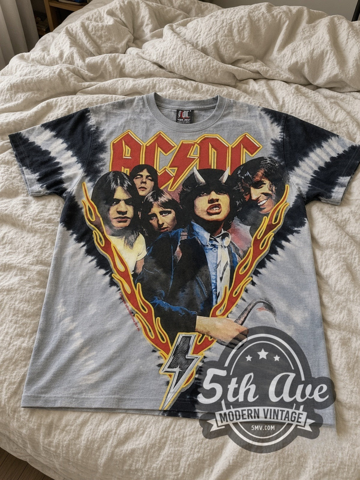 AC/DC Highway to Hell Tie-Dye V Grey all-over-print vintage band tee laid flat