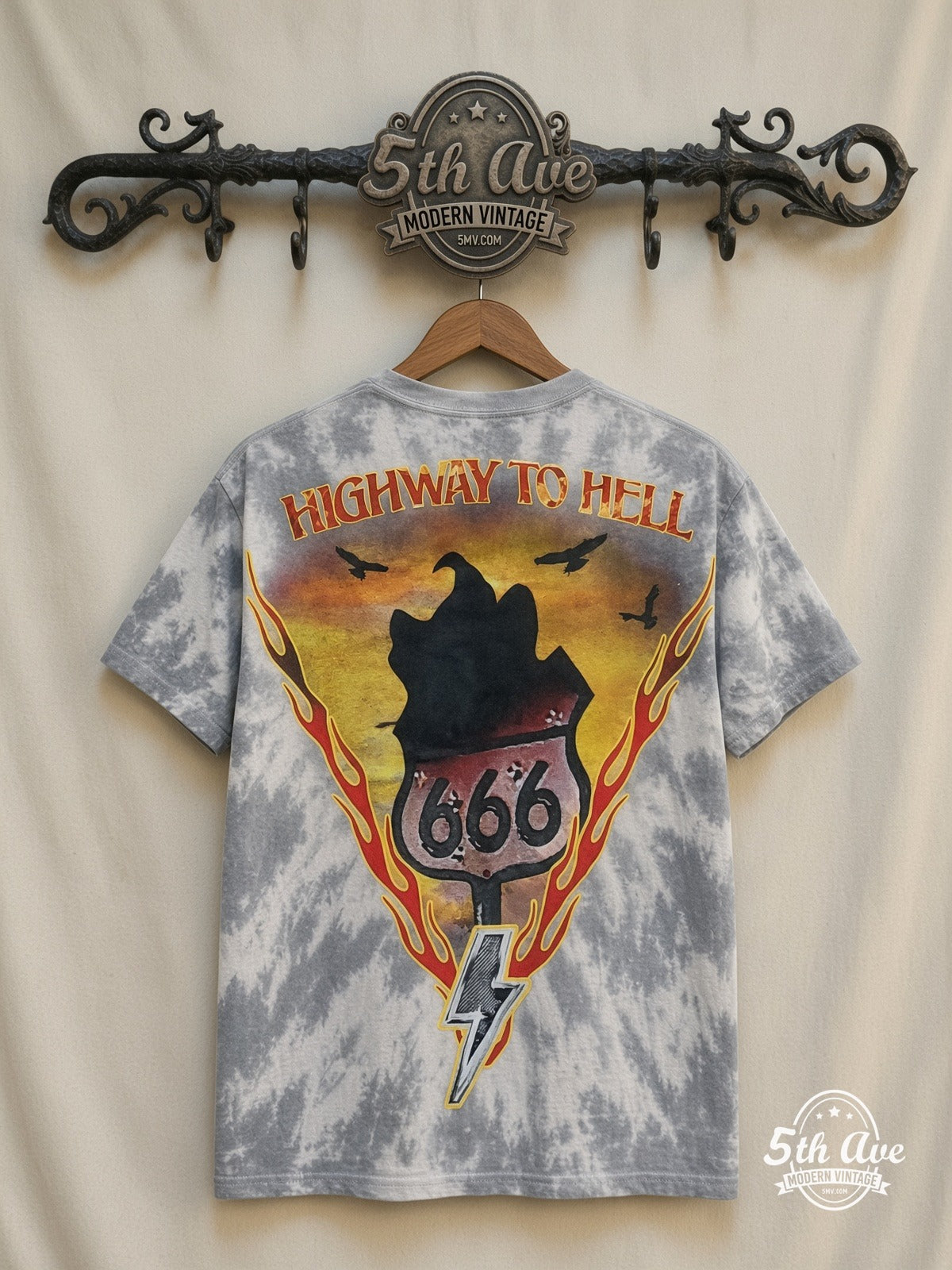 AC/DC Highway to Hell Tie-Dye V Grey all over print vintage tee back on cream 5th Ave rack