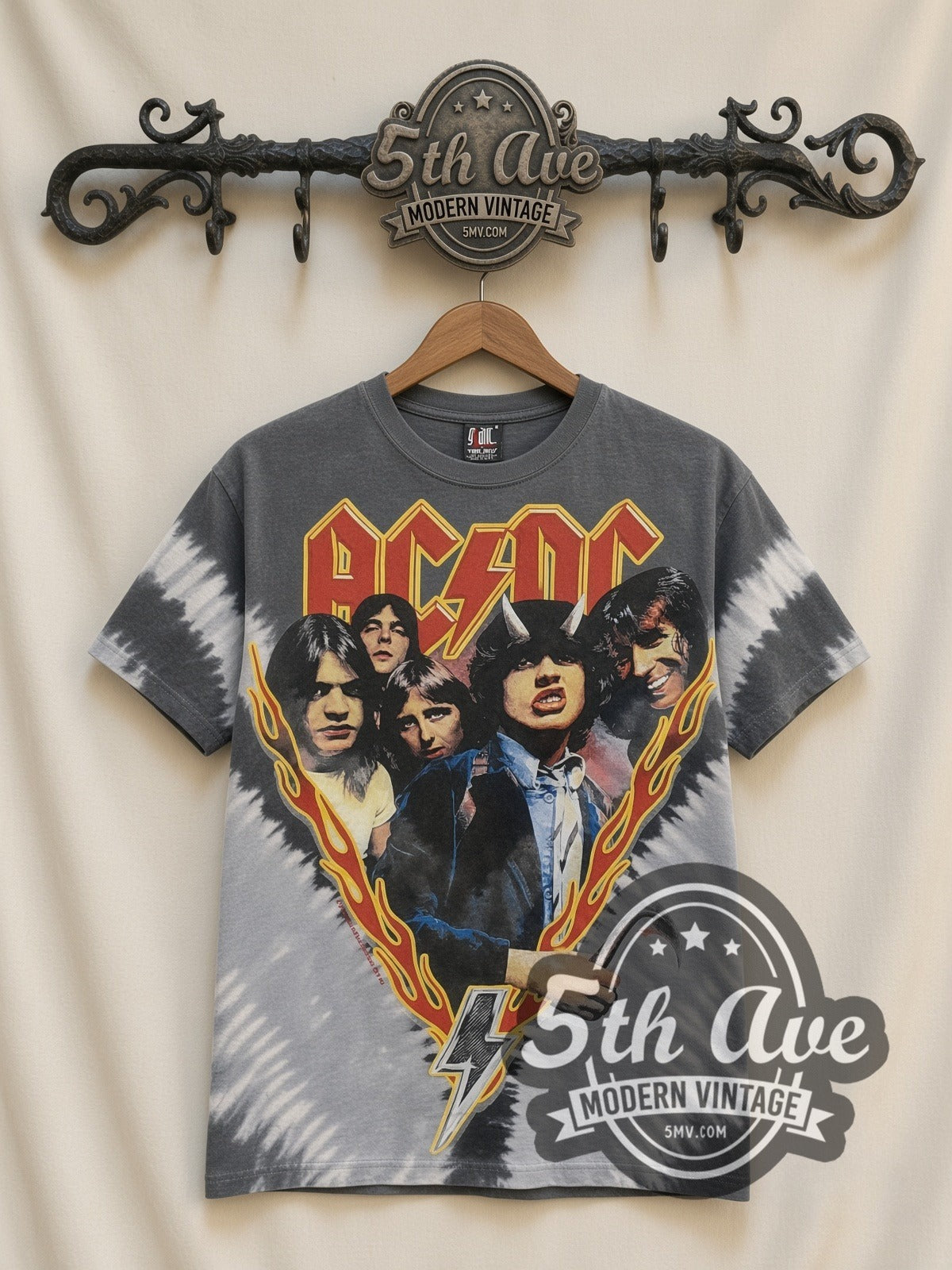 AC/DC Highway to Hell Tie-Dye V Grey all-over-print vintage band t-shirt, front view on a display rack
