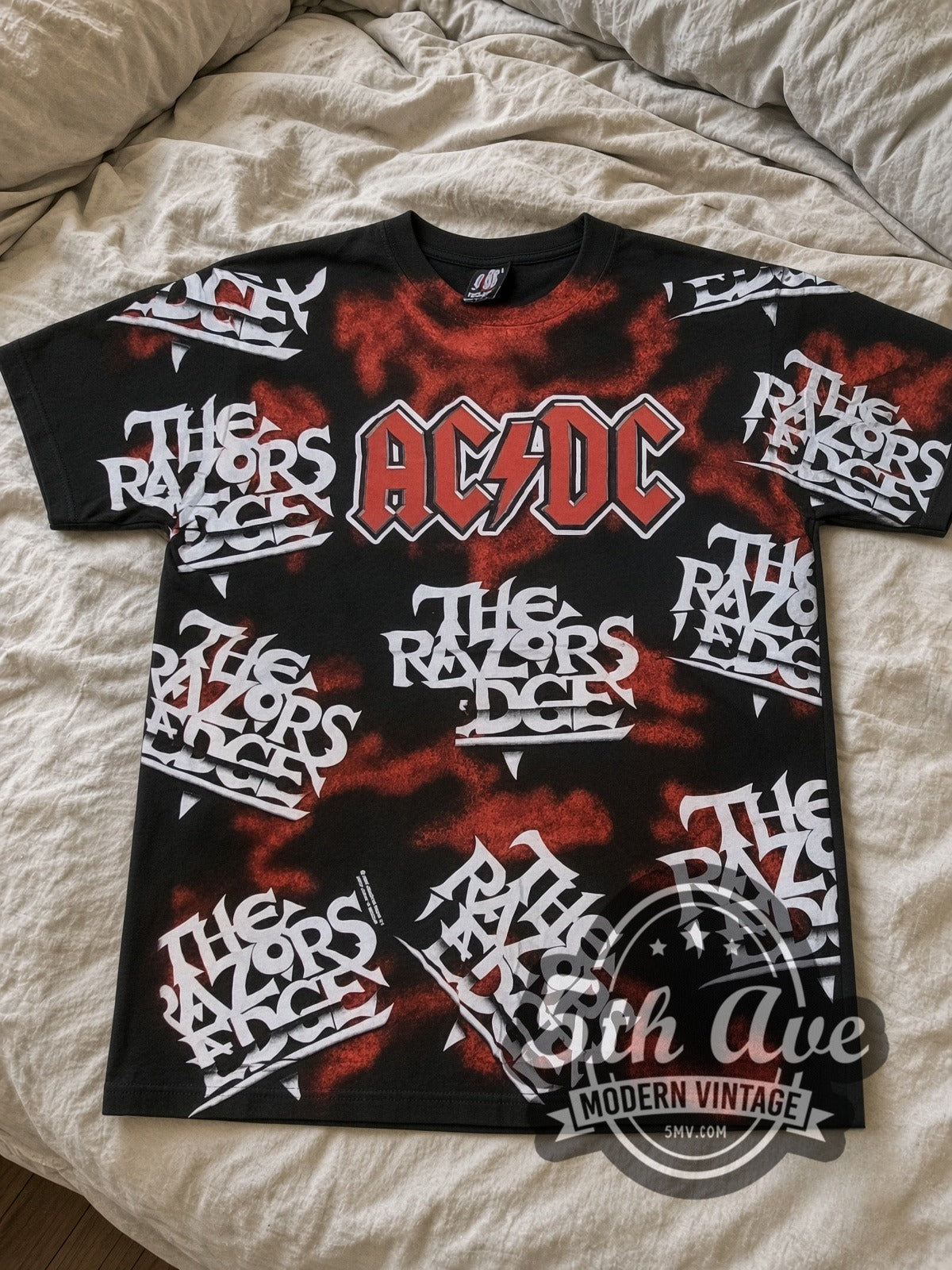 AC/DC Razors Edge Logo Collage all-over-print vintage band tee laid flat