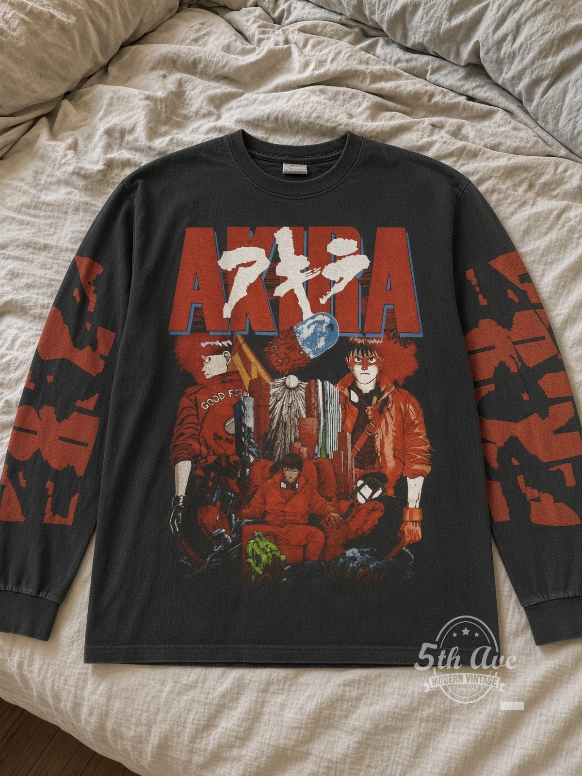 Akira Good for Health Bad for Education Pill Long Sleeve vintage anime tee laid flat on bed