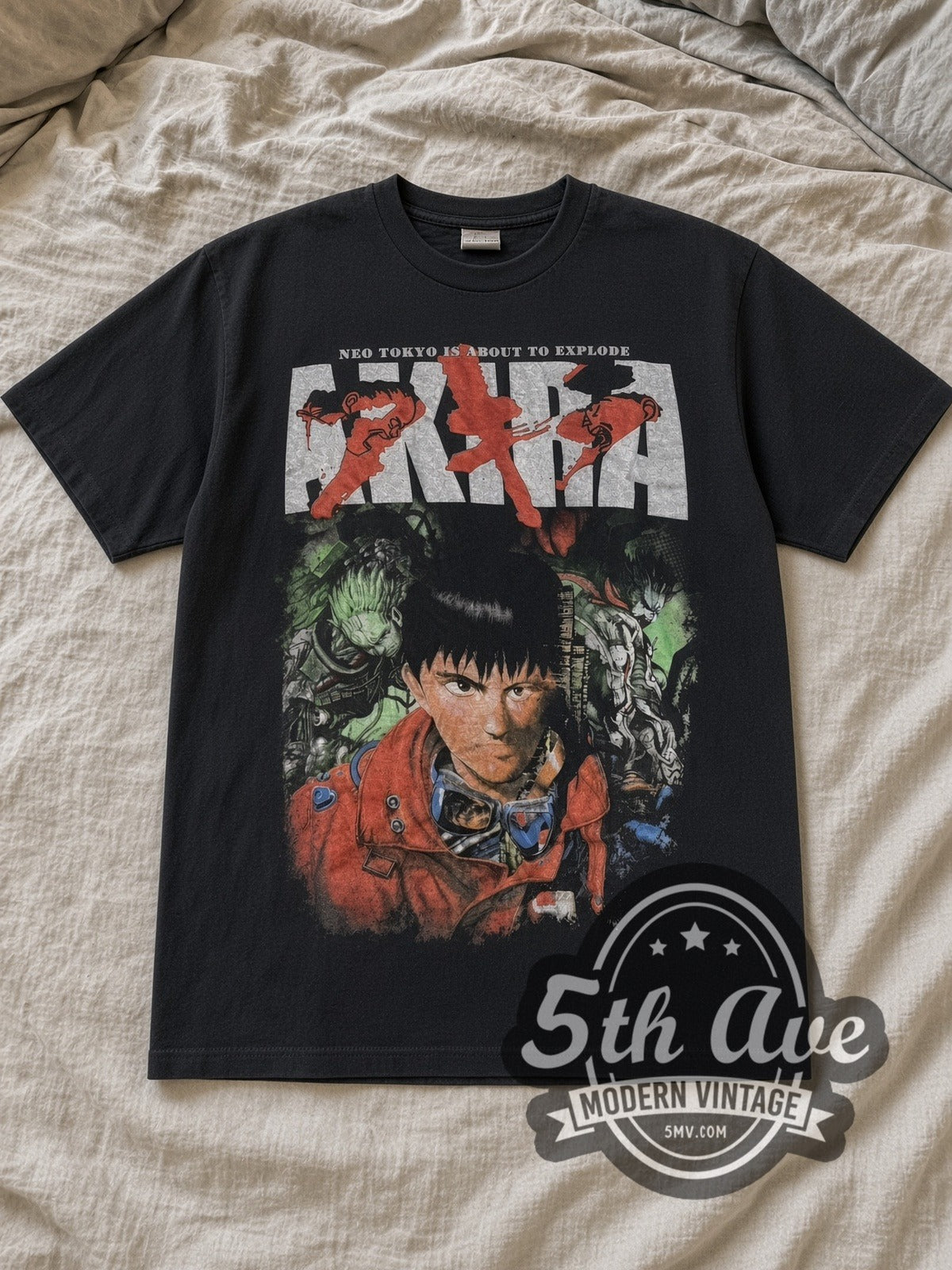 Akira Kaneda Neo Tokyo Is About To Explode vintage anime tee laid flat