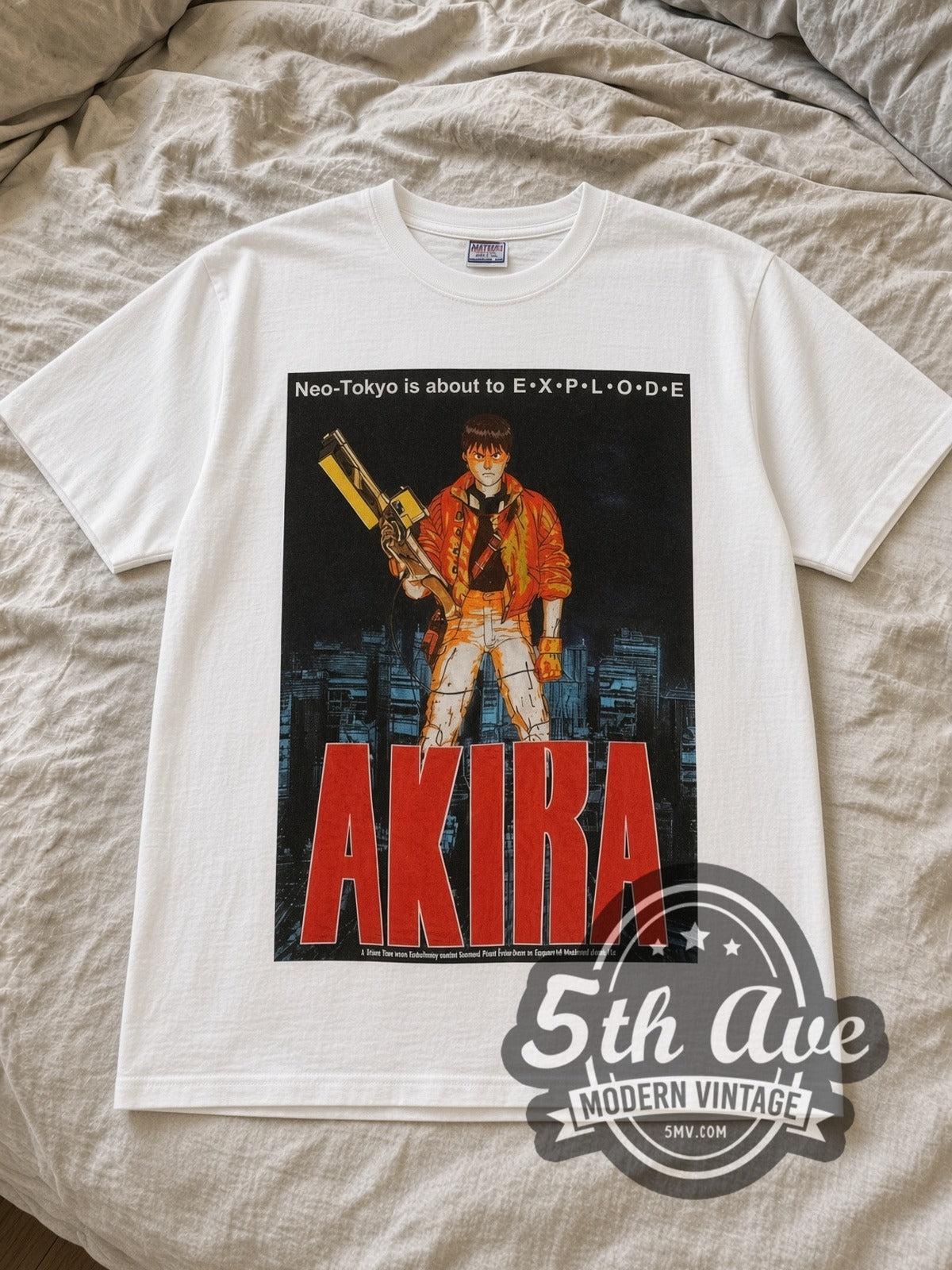 White Akira Neo Tokyo Is About to E.X.P.L.O.D.E. Vintage Anime T-Shirt laid flat on a linen bed