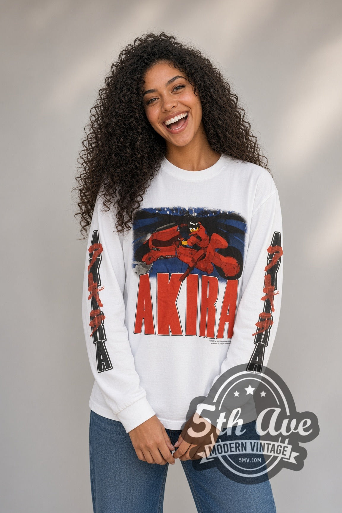 Woman wearing white Akira Kaneda Red Bike & Panel Back vintage anime tee