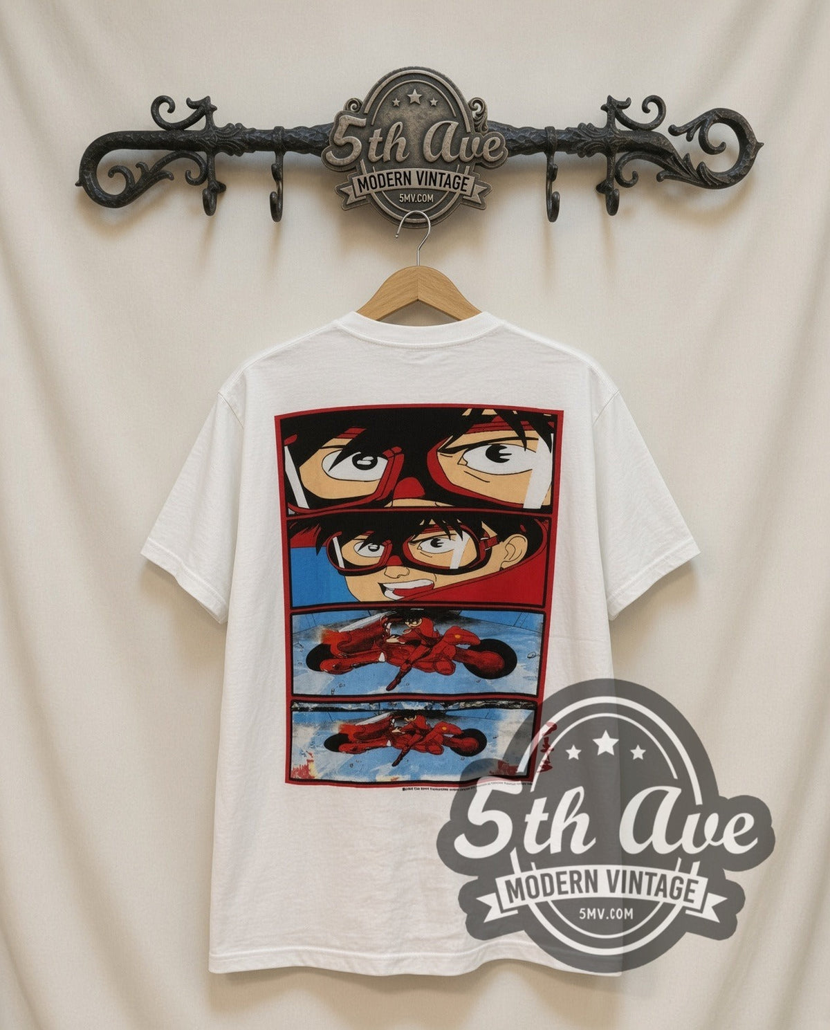 Akira Kaneda Motorcycle Comic Back vintage graphic t-shirt in white, back view on a display rack