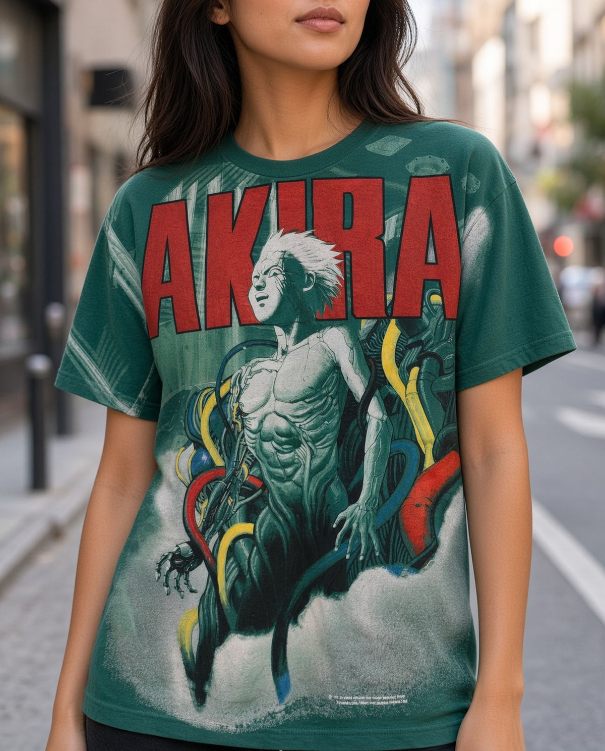 Model wearing Akira Tetsuo overprint vintage anime t-shirt