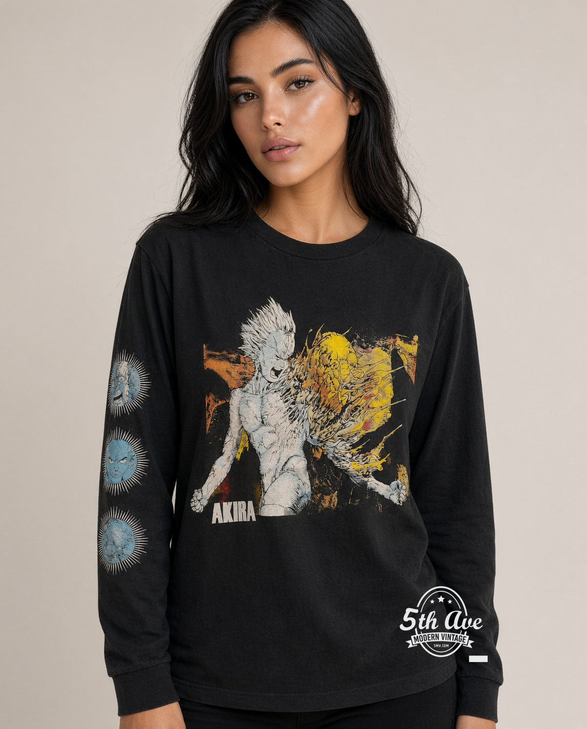Model wearing Akira Tetsuo arm Esper sphere vintage band tee