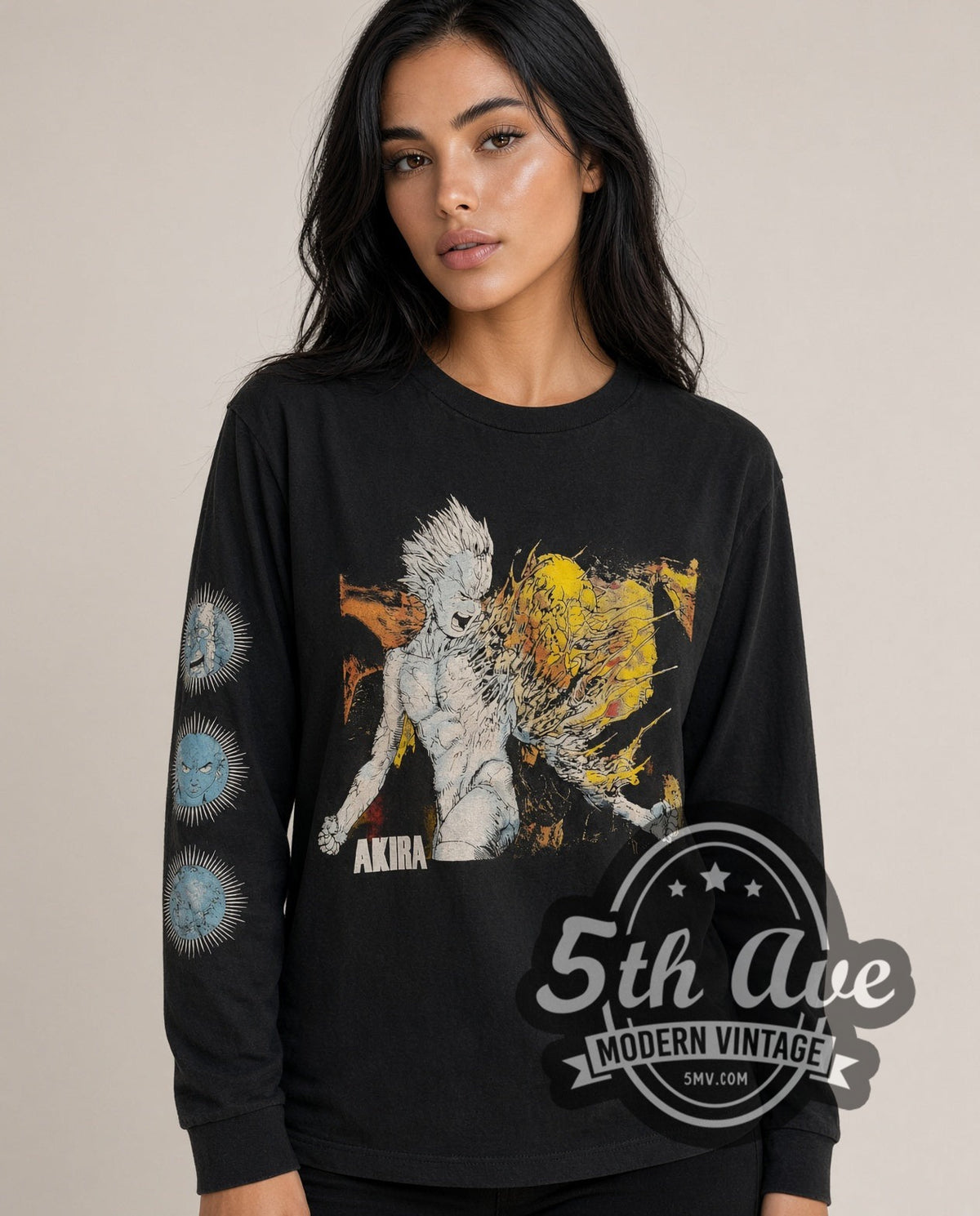 Model wearing the Akira Tetsuo Arm / Esper Sphere vintage graphic long sleeve t-shirt
