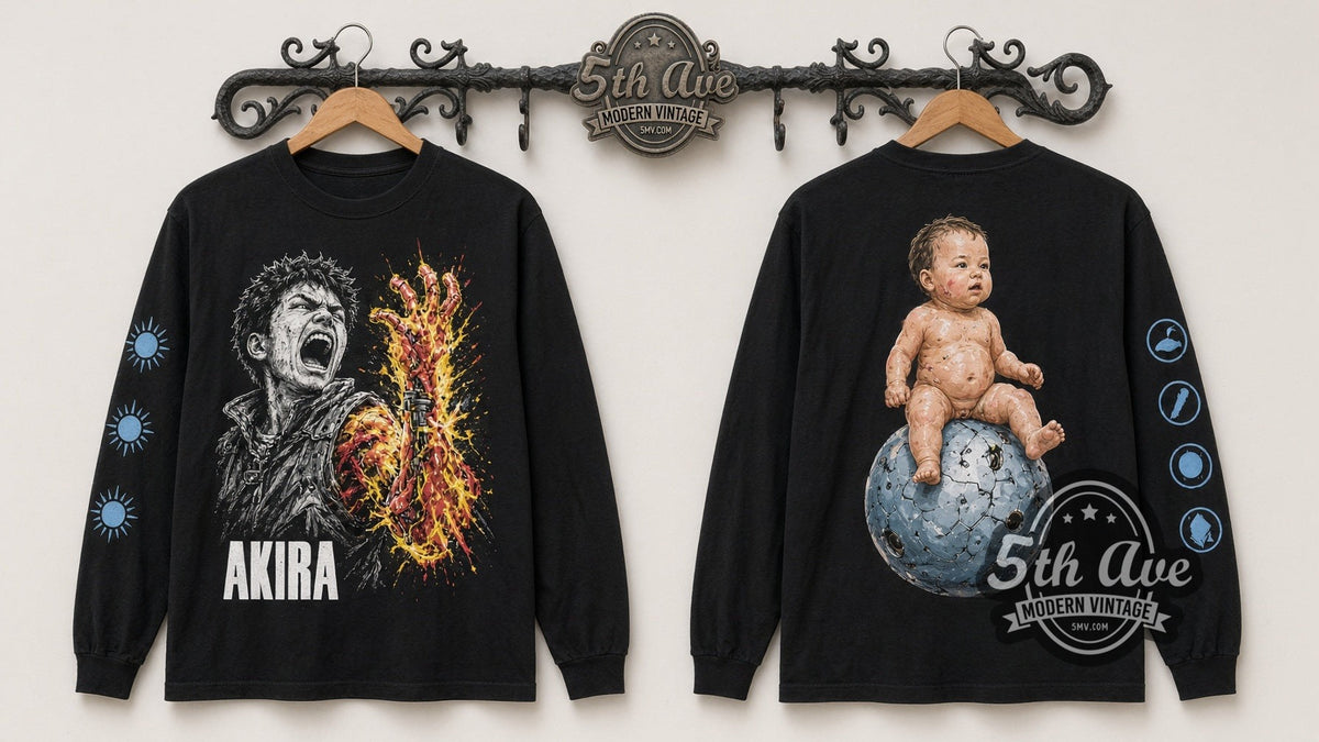 Akira Tetsuo Arm / Esper Sphere vintage anime long sleeve t-shirt, front view on a display rack