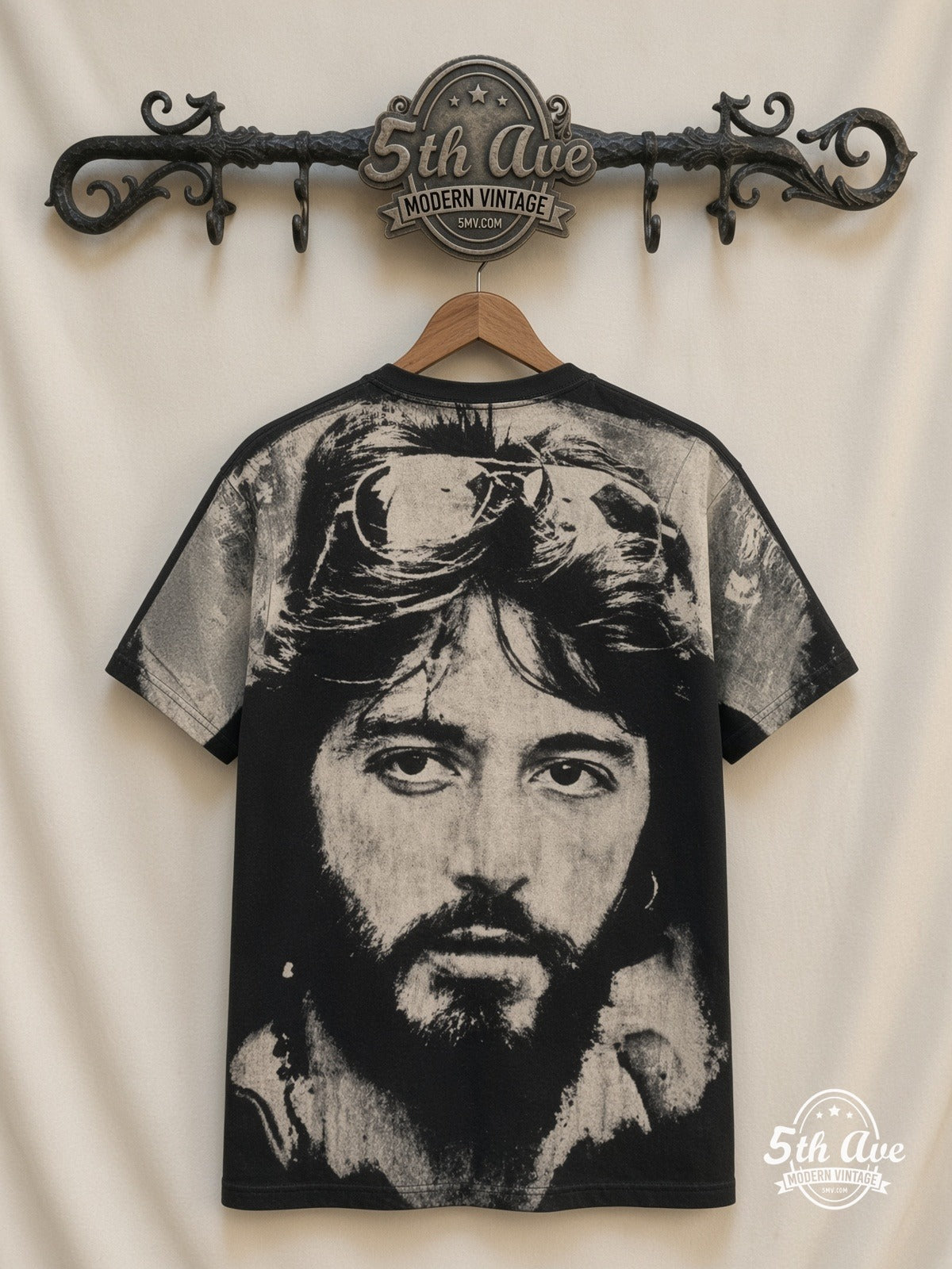 Al Pacino Serpico Sunglasses Variant all over print vintage tee back on cream 5th Ave rack