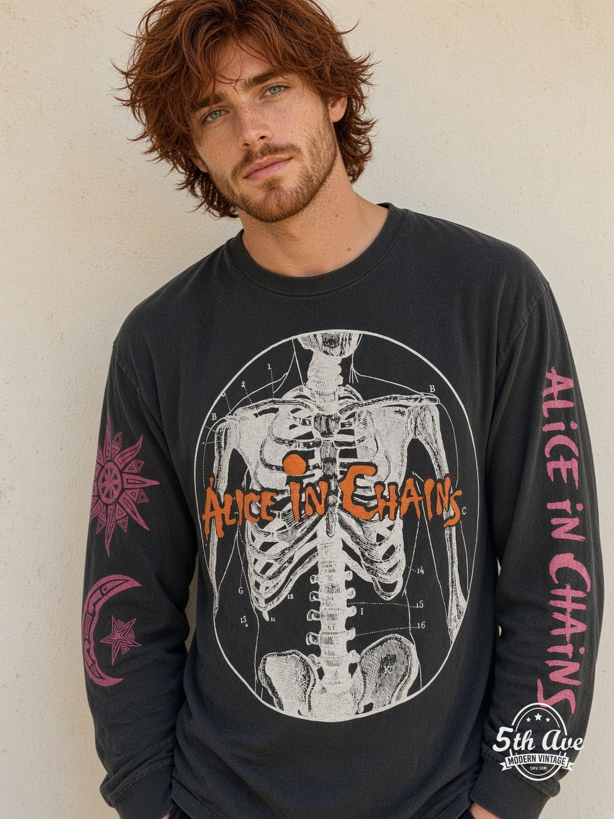 Model wearing Alice in Chains Skeleton Anatomy vintage t-shirt