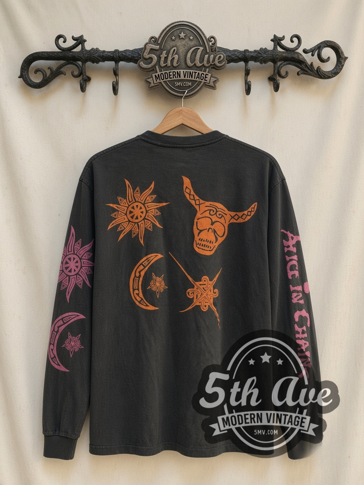 Alice in Chains Skeleton Anatomy vintage band long sleeve t-shirt, back view on a display rack