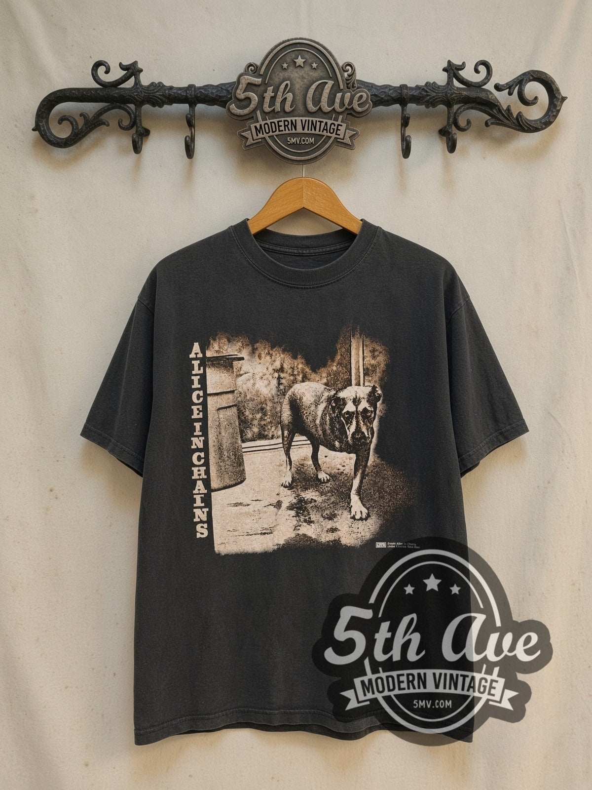 Alice in Chains Tripod / Self-Titled vintage band t-shirt, front view on a display rack