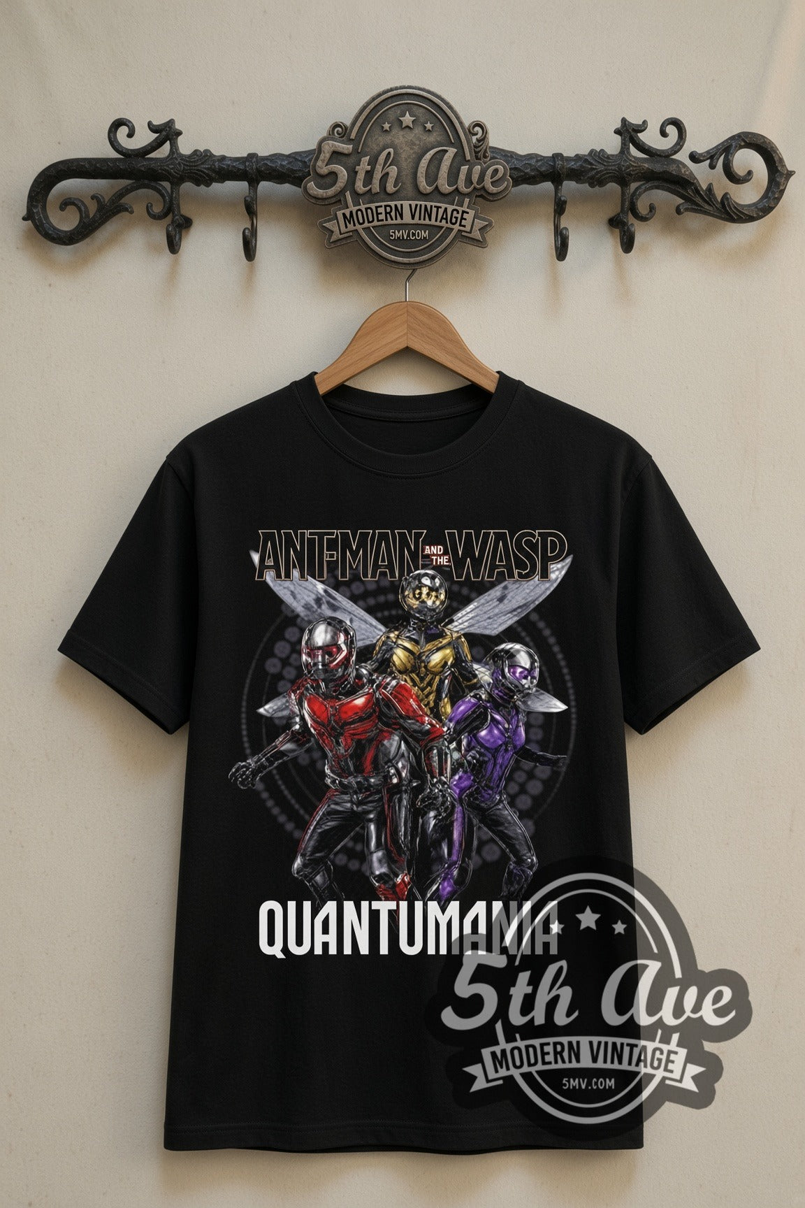 Ant-Man Quantumania double stitched black tee front on dark iron 5th Ave rack