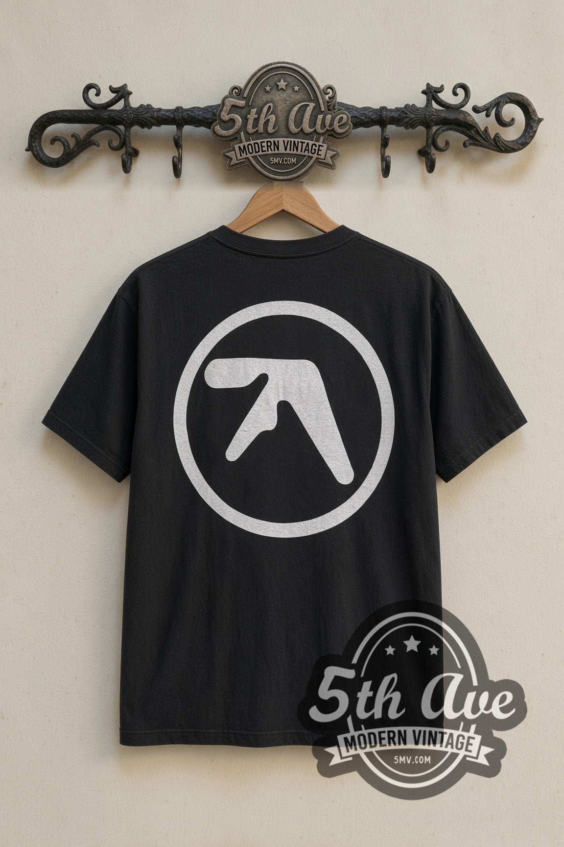 Back print of Aphex Twin Richard D. James Grin & Logo tee on 5th Ave rack