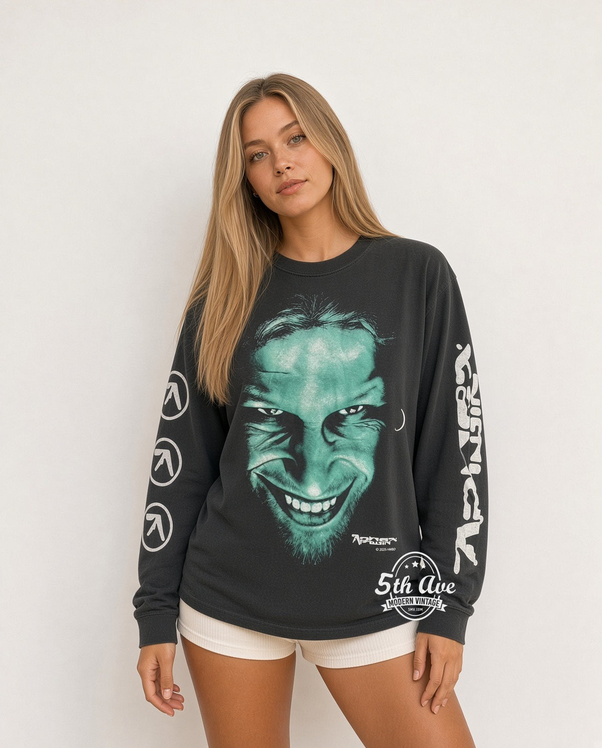 Model wearing the Aphex Twin Richard D. James Grin vintage band long sleeve t-shirt