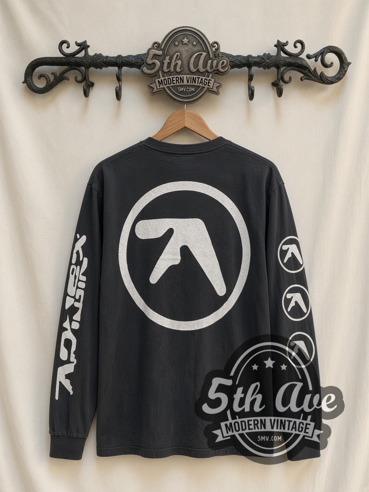 Aphex Twin Richard D. James Grin vintage band long sleeve t-shirt, back view on the 5MV rack